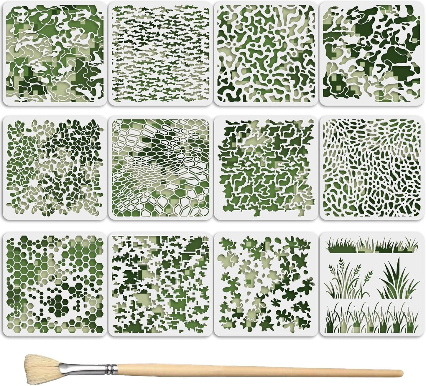 12PCS Camo Stencils for Spray Paint 12 x 12 Inch Camouflage Pattern Stencils with Brushes Grass Pattern Stencil Reusable Camo Stencil for Painting Wood Boat DIY Crafts Spray Painta