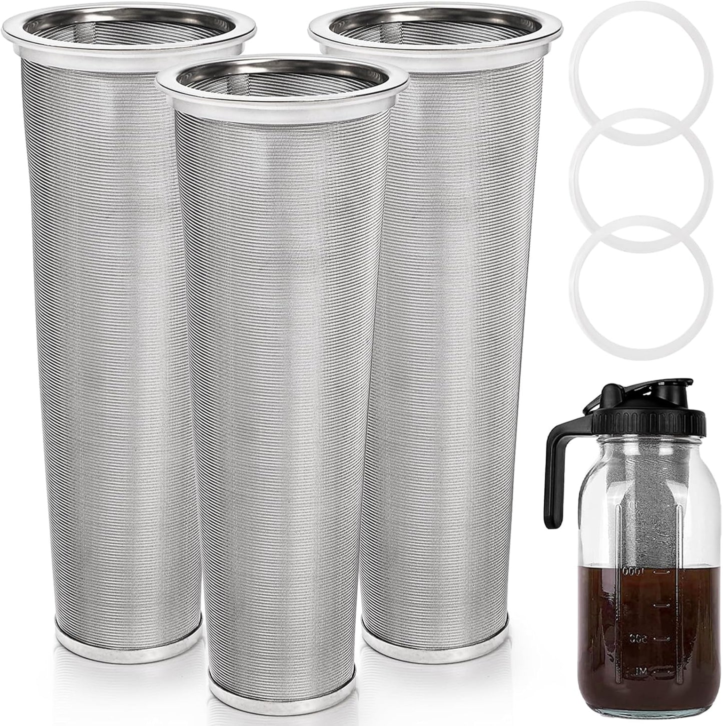 Goaste 3 Pack Cold Brew Coffee Filter for 64oz Wide Mouth Mason Jar, 304 Stainless Steel Strainer with Seal Ring, Coffee Tea Infuser Ultra Fine Mesh for Iced Coffee, Lemonade, Fruit Drinks, Sun Tea