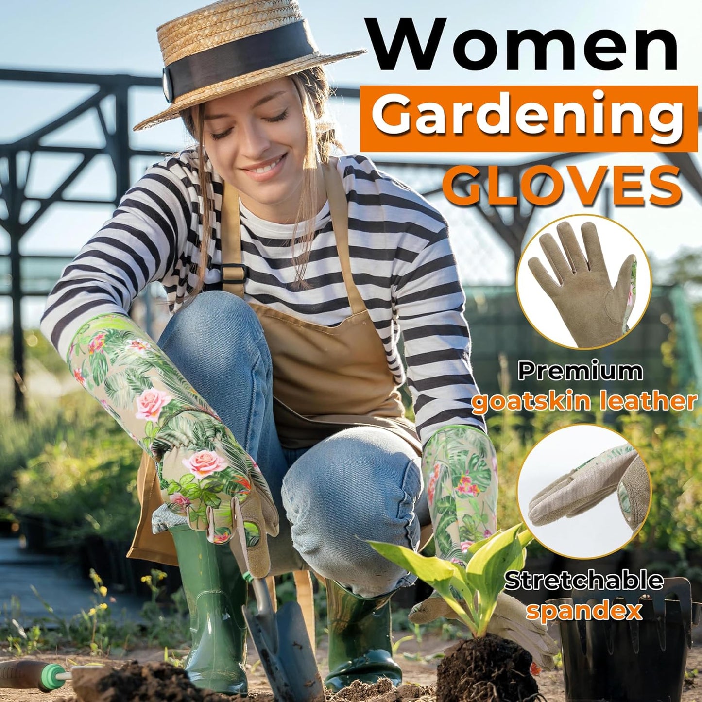 HANDLANDY Leather Gardening Gloves for Women, Scratch Resistant Breathable Ladies Rose Pruning Garden Gauntlet Yard Gloves, Gift for Gardeners (Khaki, M)