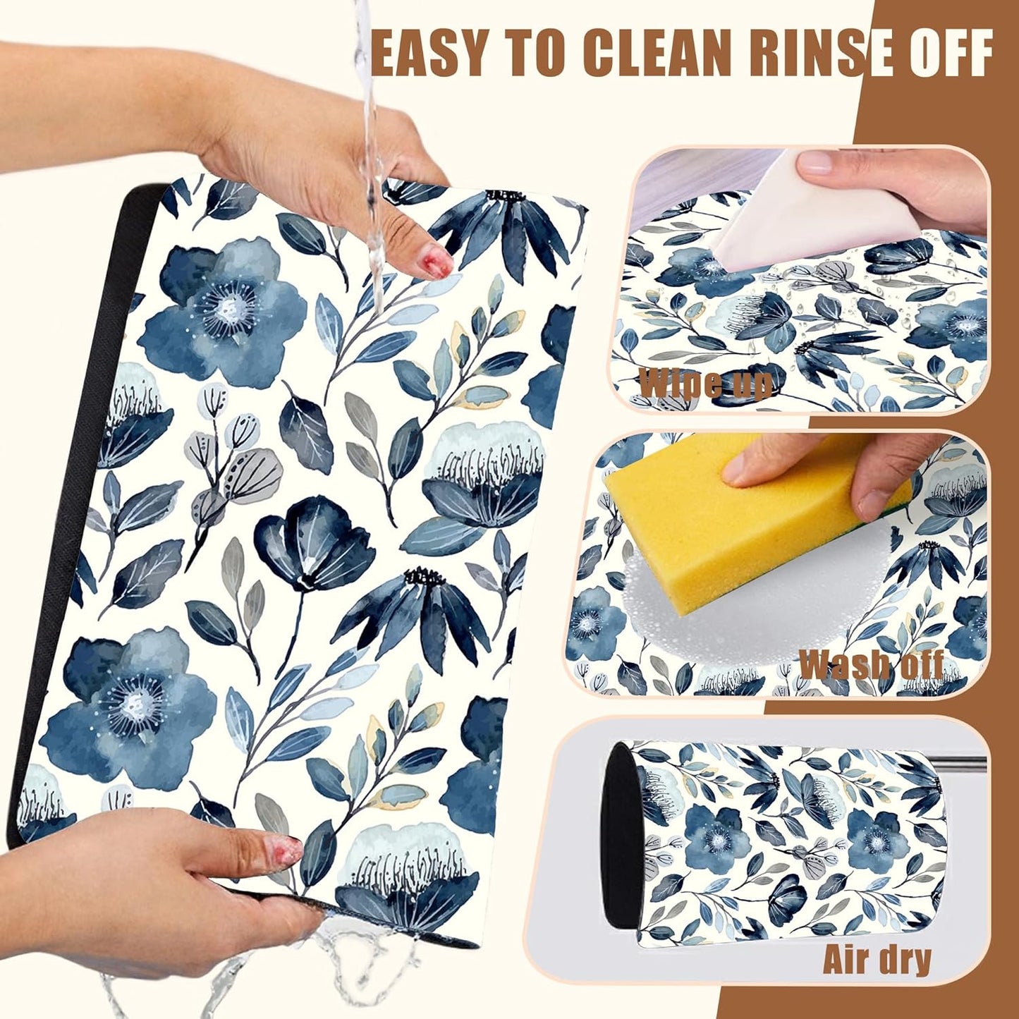 Blue Flowers Dish Drying Mat for Kitchen Counter Coffee Bar Mat Hide Stain Absorbent Coffee Mat with Non-Slip Rubber Backed Coffee Maker Espresso Machine Coffee Bar Accessories 15.7 x 23.6 Inch