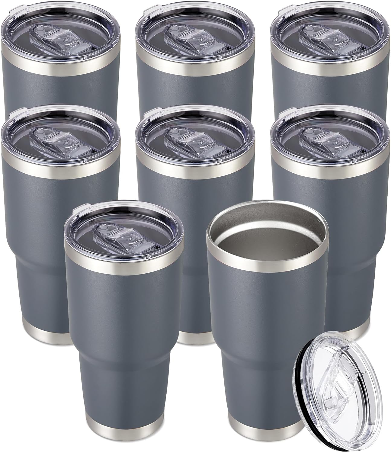 30 oz Tumbler with Lid Stainless Steel Tumblers Bulk Vacuum Insulated Cup Reusable Powder Coated Travel Mug Double Wall Leak Proof Cups Keep Cold Drinks for 12 Hours Gray, Set of 8