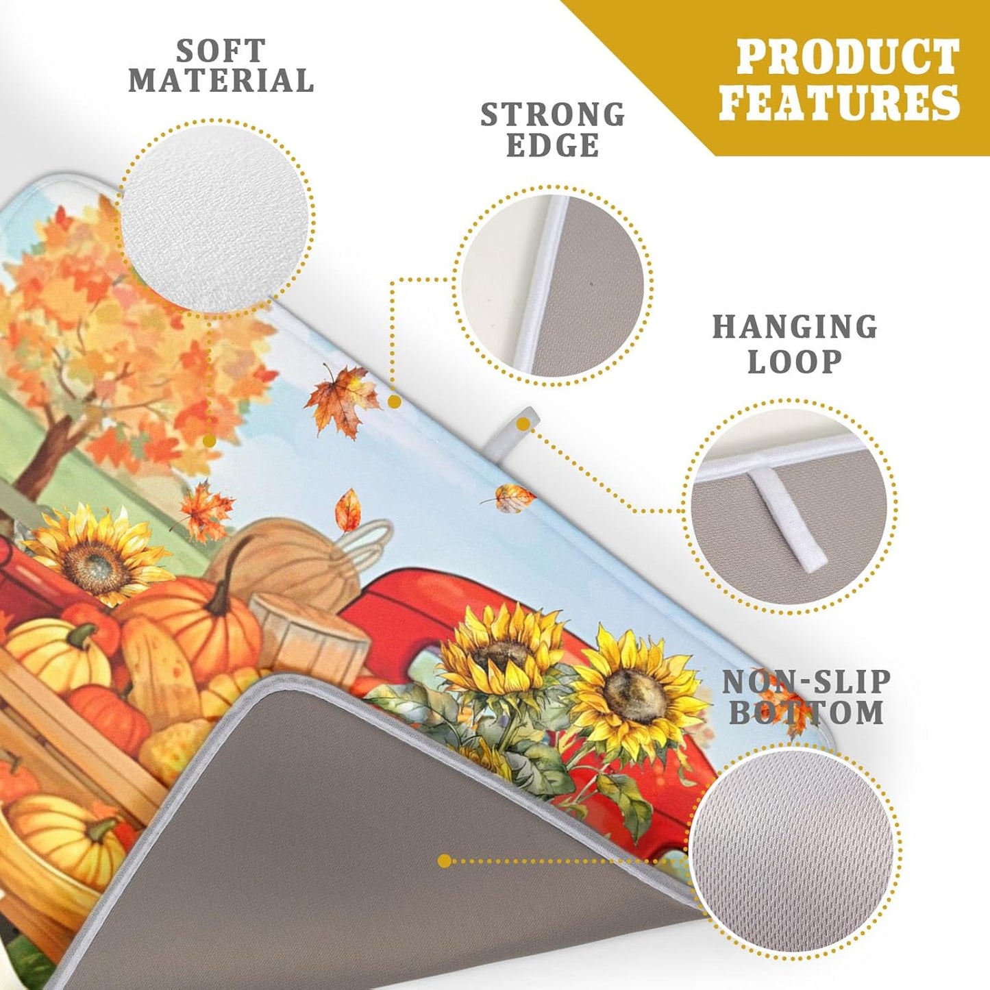 Autumn Pumpkin Red Truck Dish Drying Mat for Kitchen Counter,Fall Leaves Sunflower Cue Dog Harvest Drying Mat 18 x 24 Inch Microfiber Dish Drying Pad Dish Rack Drainer Mat for Coffee Bar