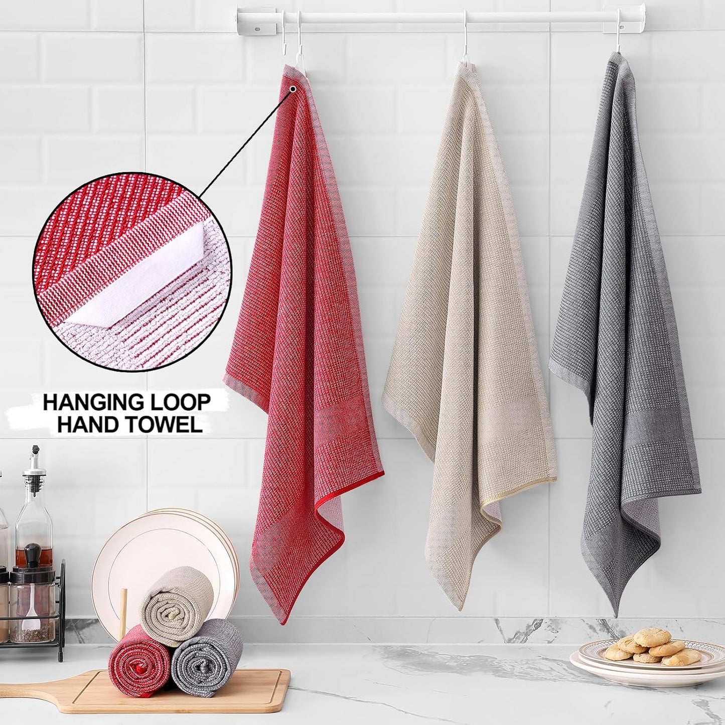 Homaxy Premium Kitchen Towels(18”x 28”, 6 Pack), Large Cotton Kitchen Hand Towels, Flat and Terry Dish Towels, 380 GSM Highly Absorbent Tea Towel Set with Hanging Loop, Red/Grey/Khaki