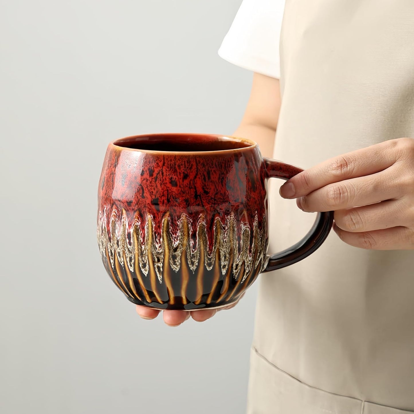 20oz Raku Glaze Coffee Mug - Unique Handcrafted Look Ceramic Cup, Large Tea Mug, Microwave & Dishwasher Safe (red)