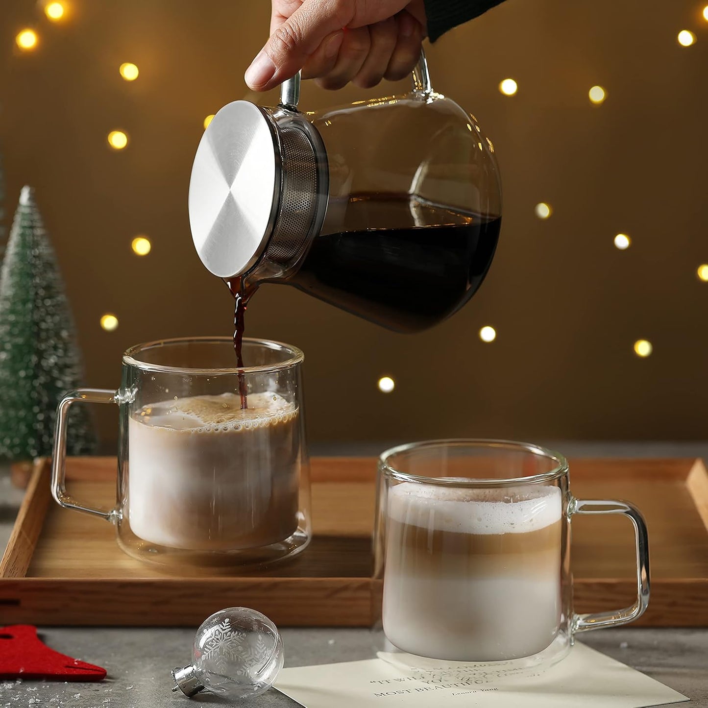 CNGLASS 15.2oz Glass Coffee Mugs,Double Wall Insulated Glass Mugs with Handle,Clear Espresso Mugs for Latte,Cappuccino,Tea Bag,Set of 2