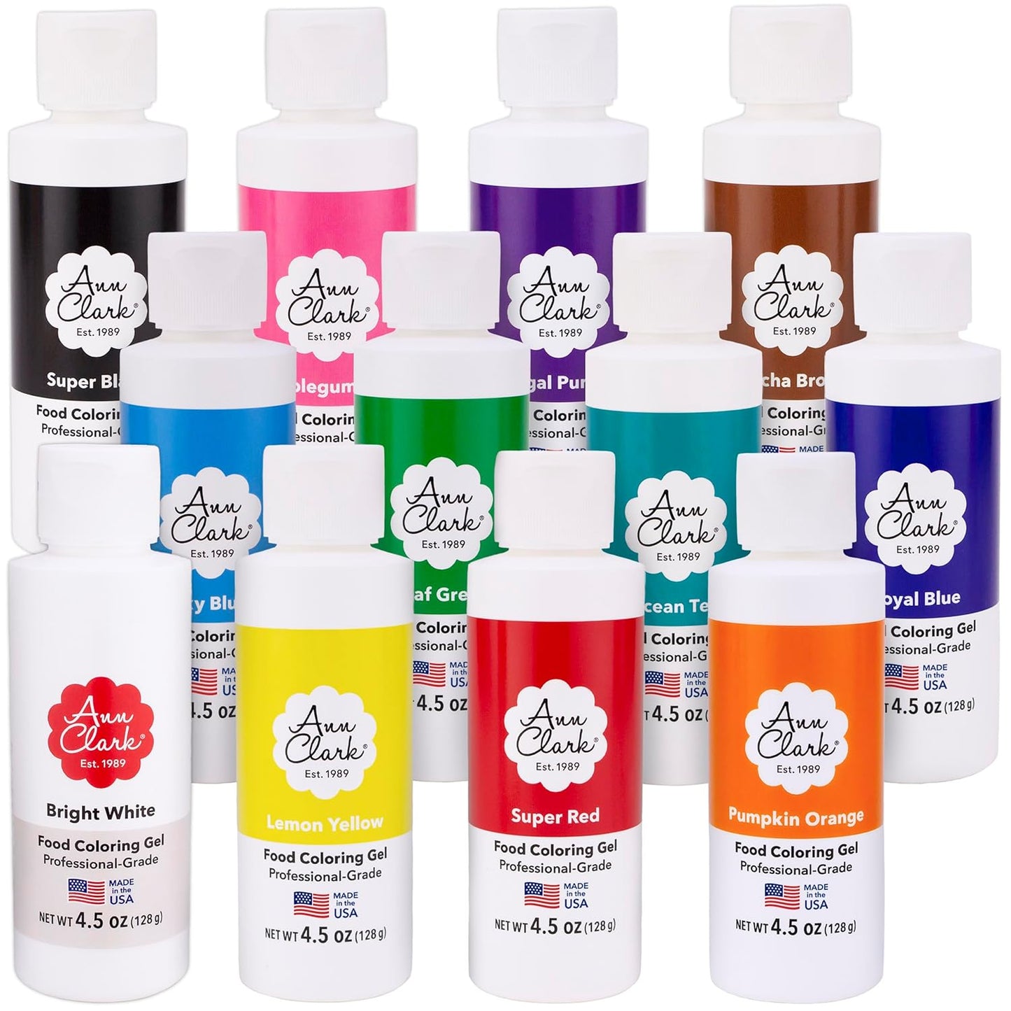 Ann Clark Professional Grade Food Coloring Gel Large 4.5 oz Bottles 12 Color Set Made in USA