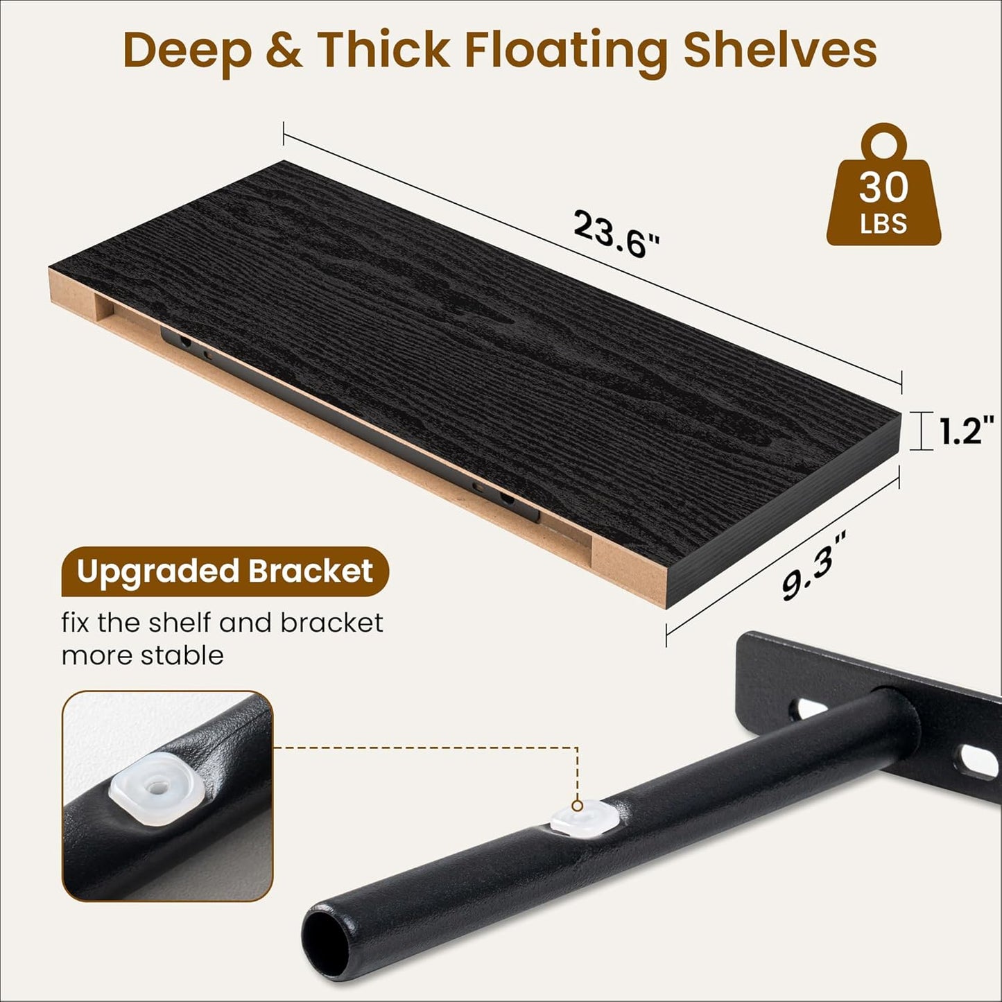 Fun Memories Floating Shelves for Wall, 24 Inch Rustic Wood Wall Mounted Shelves for Bathroom, Bedroom, Living Room, Deep Floating Shelves for Storage & Home Decor (Black, Set of 2)