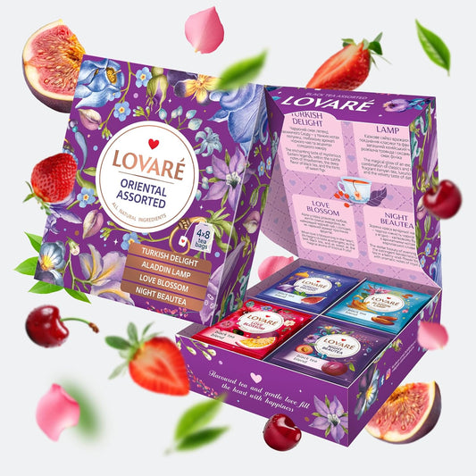 LOVARE Oriental Assorted Tea Variety Pack 32 Pack - Made in Ukraine - Tea Bags Individually Wrapped - Turkish Delight, Aladdin Lamp, Love Blossom, Night Beautea - Assorted Tea Bags Variety Pack