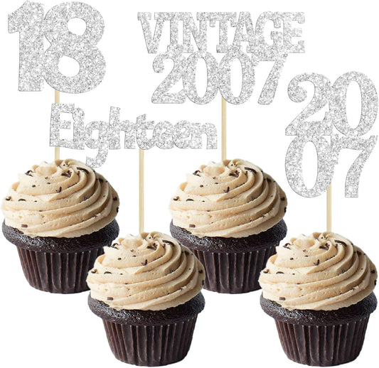 Gyufise 24Pcs 18th Birthday Cupcake Toppers Glitter Eighteen Vintage 2007 Hello 18 Years Birthday Cupcake Picks Adultish 18 Cake Decorations for Happy 18th Birthday Anniversary Party Supplies Silver