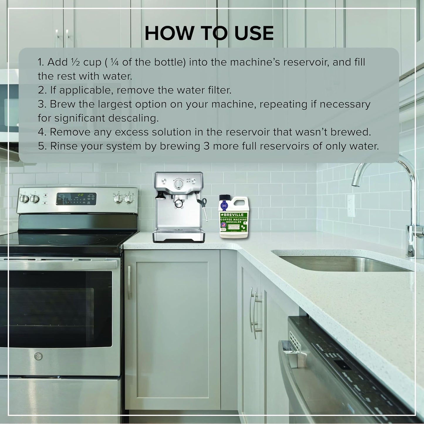 Breville Espresso Machine Compatible Descaler - 1 YEAR SUPPLY - Concentrated Descaler for Breville - 16 oz Coffee Maker Cleaner for Breville, Nespresso, Delonghi, Espresso Machine - 4 Uses