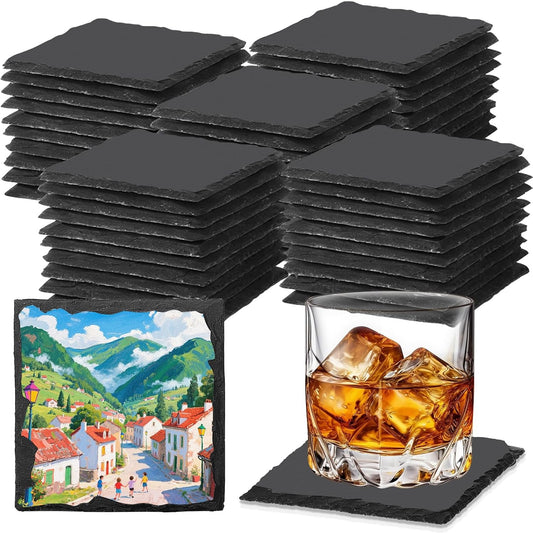 60 PCS Slate Coasters Black Square 4 Inch Bulk Rock, Blank Laser Engraving, Scratch Resistant Bottom, Home Office Kitchen Gift Wedding Bar Party (60 PCS Square Coasters)