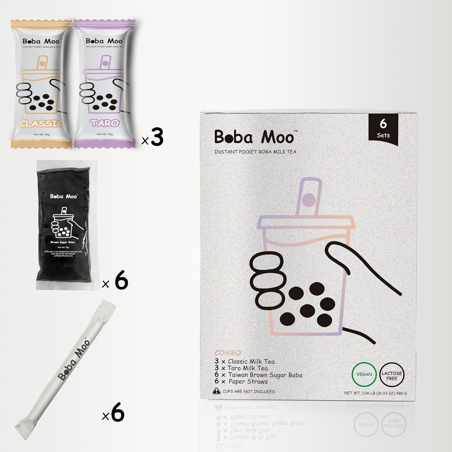 Boba Moo Premium Boba Tea Kit Combo (Classic & Taro) - Only 10,000 Kits Yearly, Small Batch Bubble Tea Kit With Exceptional Taste & Chewiness, Vegan, Lactose-Free, 6 Servings