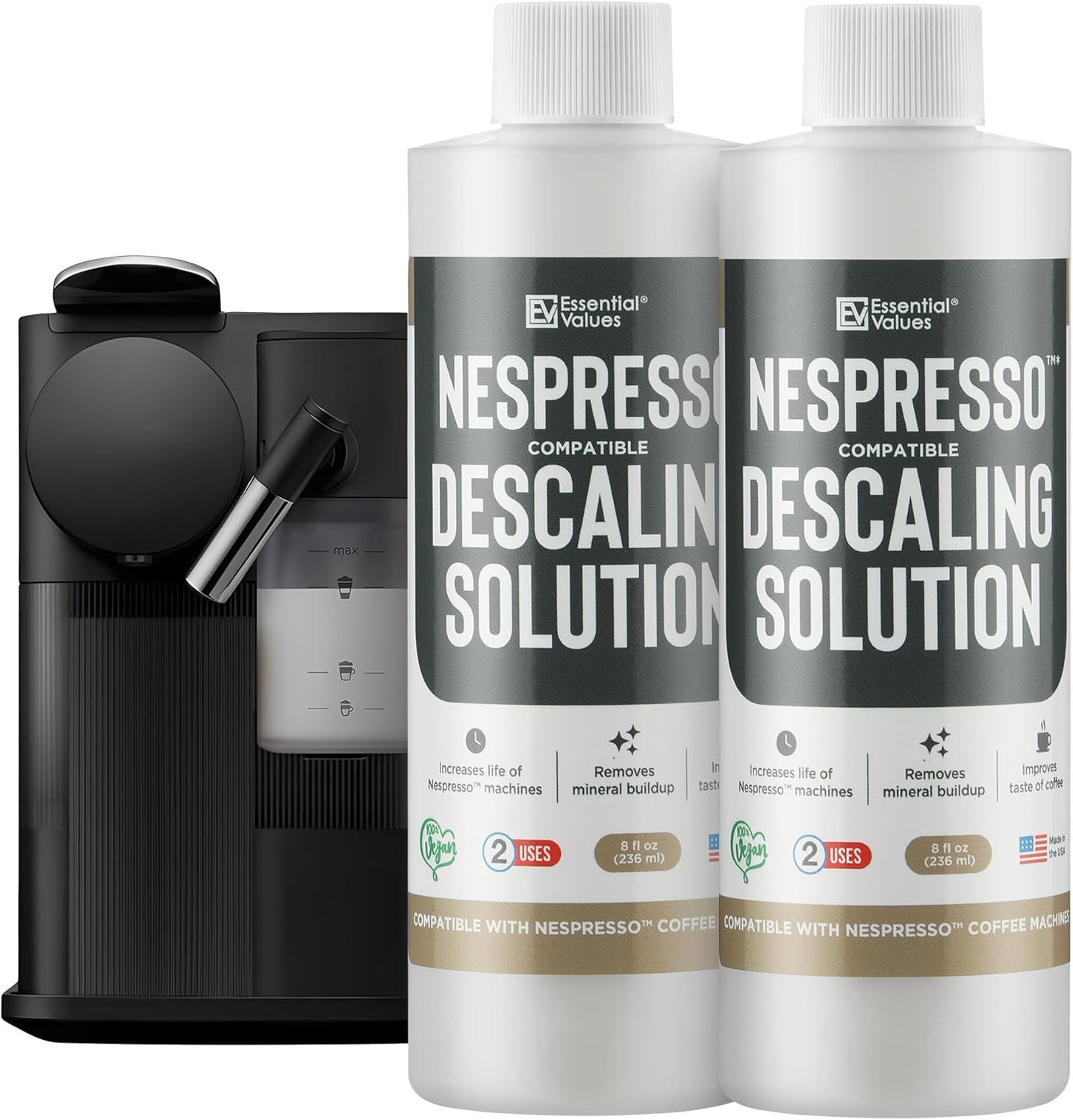 Essential Values Descaling Solution Compatible with Nespresso - Coffee Descaler - Coffee Maker Cleaner - Kettle, Espresso Machine Cleaning - 12 Month Supply 2-Pack