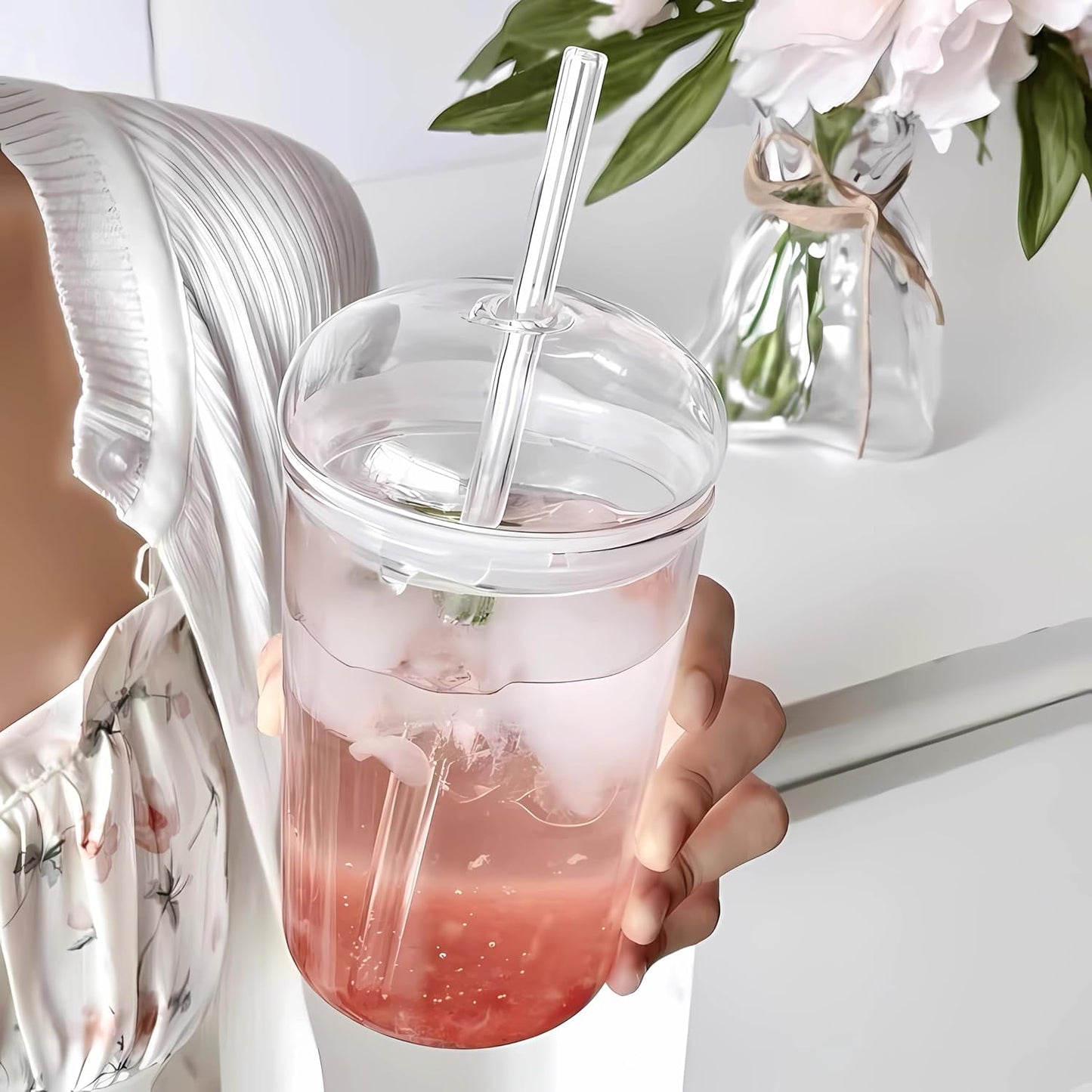 16oz Glass Cup with Glass Lid & Straw - Drinking Glasses for Iced Coffee, Bubble Tea, Matcha, Smoothie, Soda, Water - BPA-Free Glassware with Cleaning Brush, Dishwasher Safe