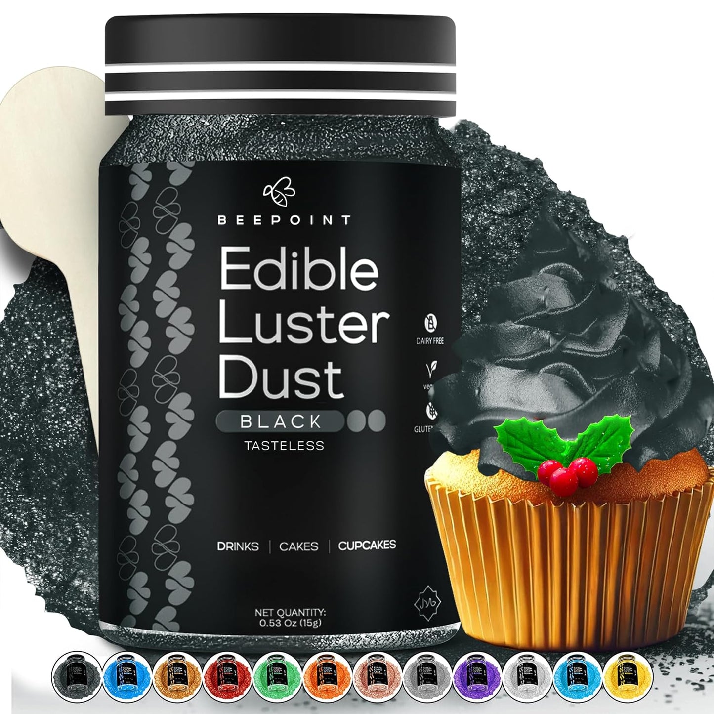 BeePoint Black Edible Luster Dust 15g - Food Grade, Vibrant Color Shimmer Powdered Dust for Drinks, Cocktails, Cake Decorating, Baking, Chocolates, Candy, Sweets, & Cookies - Vegan & Gluten Free