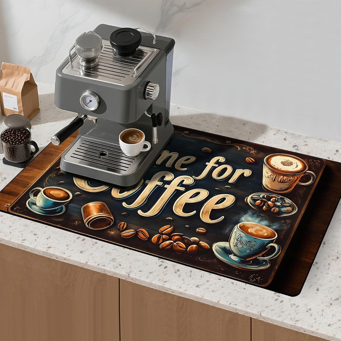 17"x 32" Coffee Bar Mat, Coffee Time Absorbent Dish Drying Mat Cuttable Hide Stain Draining Table Pad for Kitchen Counter, Coffee Bar Accessories