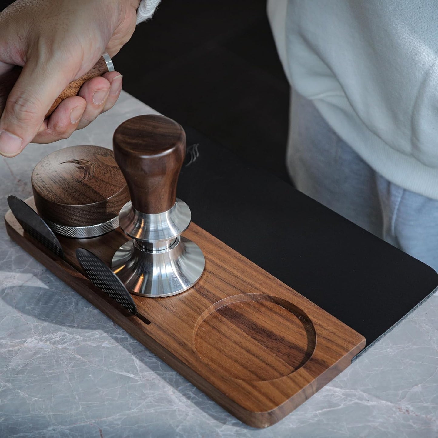 Espresso Tamper Kit 54mm for Breville Machines with Walnut Bottomless Portafilter, Distribution Tool, Leather Tamping Mat Organizer & Coffee Machine Scale