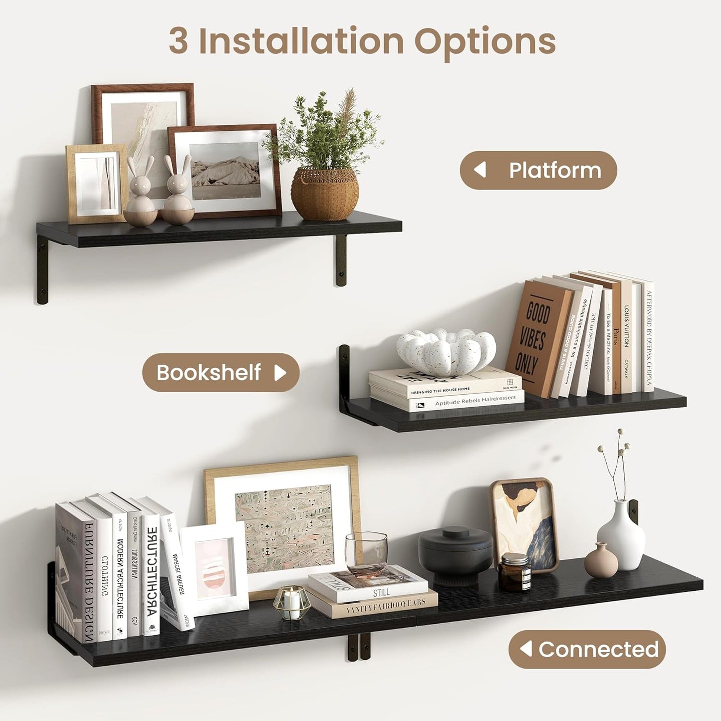 Fun Memories Deep Floating Shelves, 24W x 8D Floating Shelves Set of 2, Wall Mounted Shelf with Metal Brackets, Rustic Wood Wall Shelf for Bathroom, Kitchen and Living Room, Black