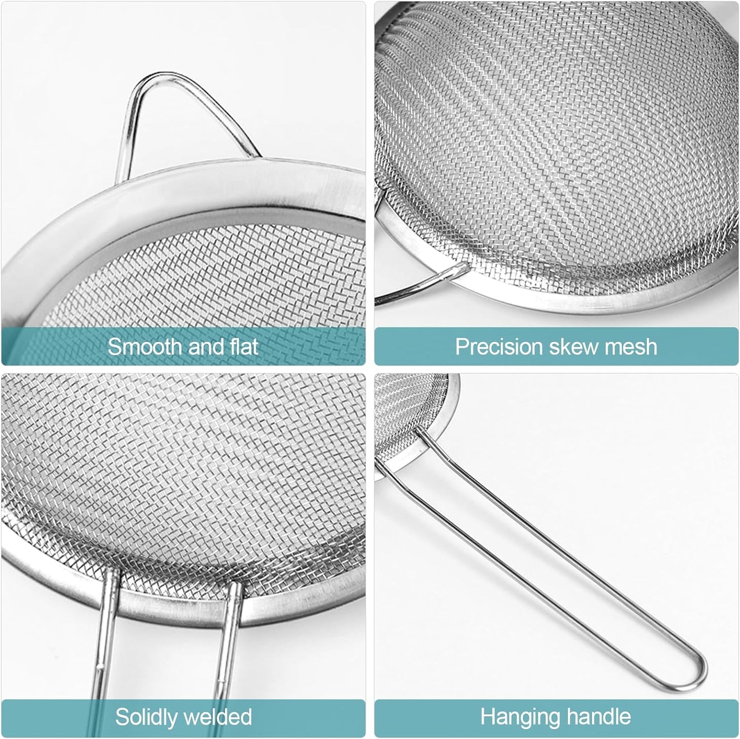 3 Pack Fine Mesh Strainer, Small Stainless Steel Sieves with Handles, for Steeping Loose Leaf Tea, Straining Cocktail, Juice and Sifting Flour, Powdered Sugar