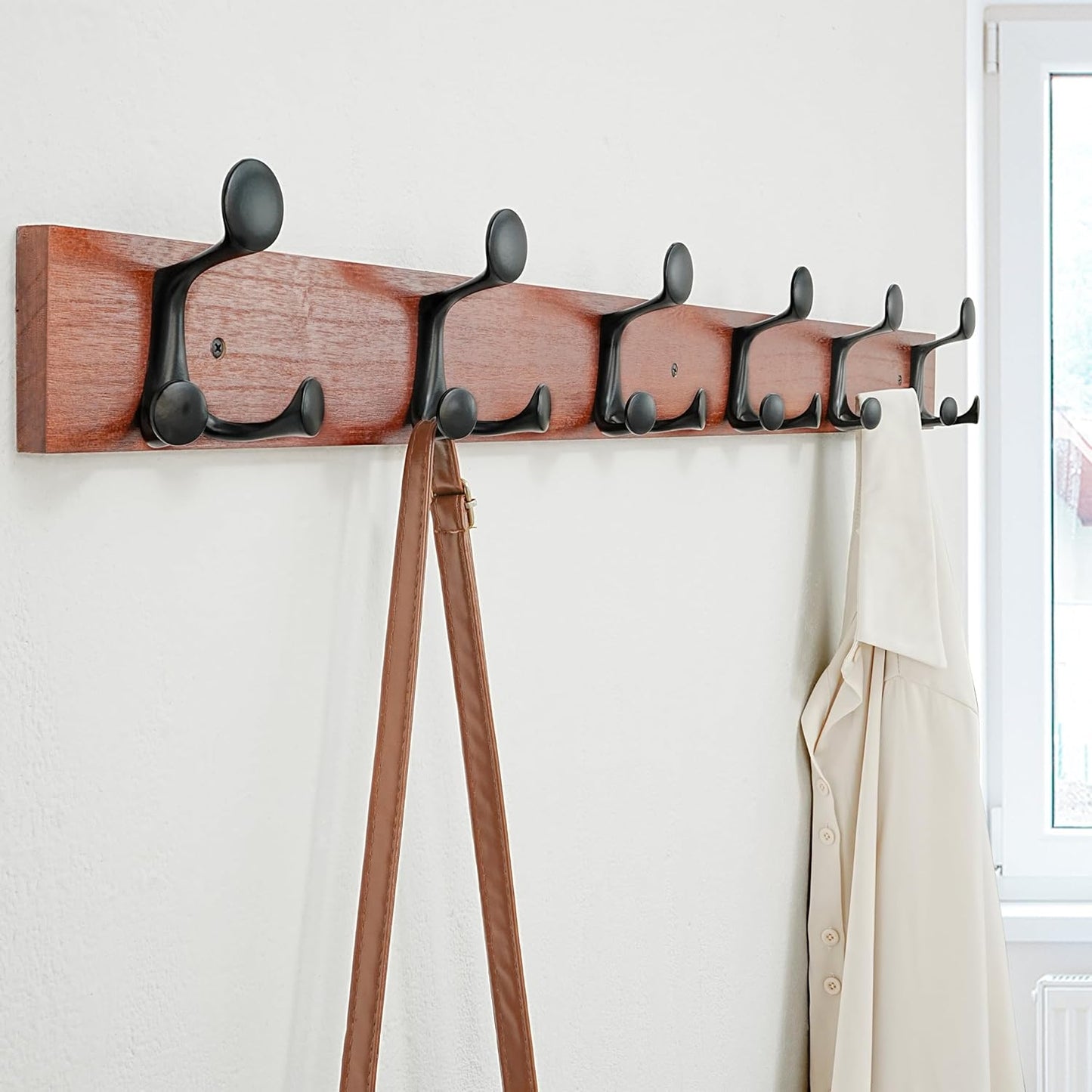 SKOLOO 39-Inch Cherry Wood Coat Rack Wall Mount with 6 Triple Hooks - Ideal for Family Entrances, Classrooms, and Pet Supplies Storage - Perfect Coat Hooks for Wall