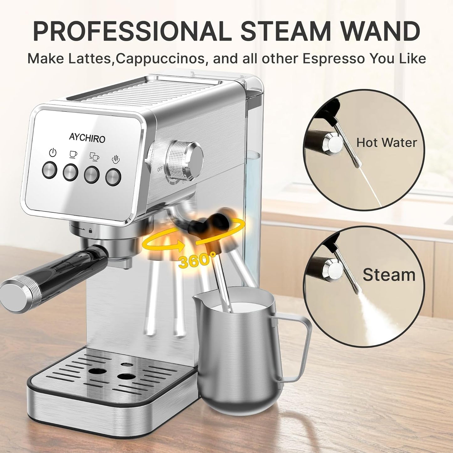 Espresso Machine with Steam Milk Frother,20 Bar Stainless Steel Coffee Maker for Latte & Cappuccino,Detachable Water Tank/Drip Tray, Hot Water Function for Home & Office Use