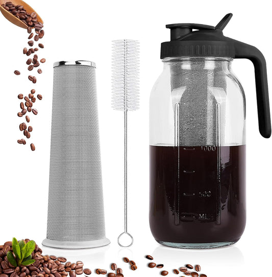 Cold Brew Coffee Maker,64 oz Mason Jar Pitcher with Stainless Steel Filter, Pour Spout Handle Lid, Heavy Duty Glass Airtight & Leak-Proof Pitcher for iced coffee Tea Lemonade