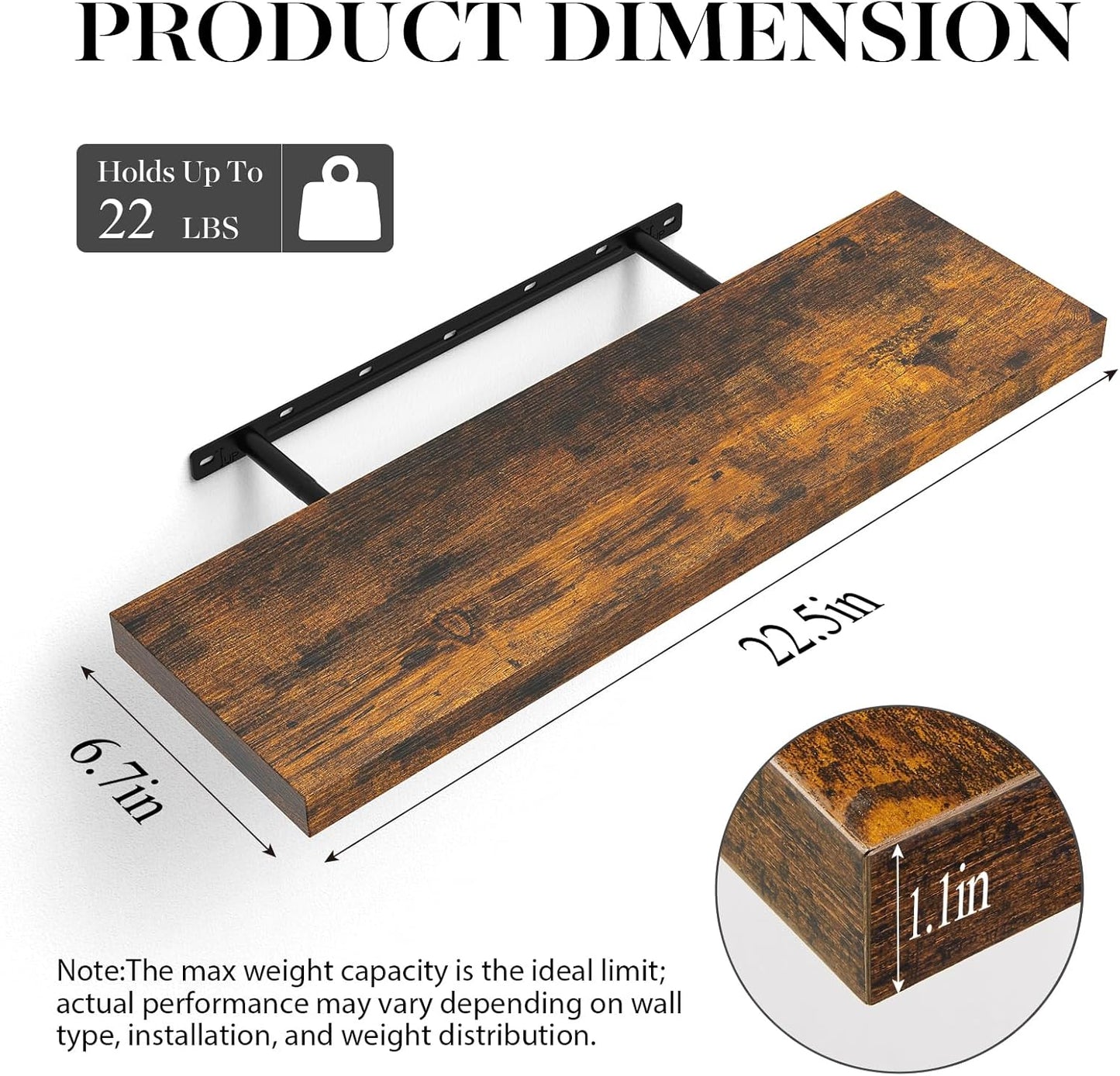 BAYKA Floating Shelves, 22.5 inch Rustic Wood Wall Mounted Shelves for Bedroom, Living Room, Kitchen & Office, Hanging Display Shelf with 22 lbs Capacity (Rustic Brown,Set of 2)