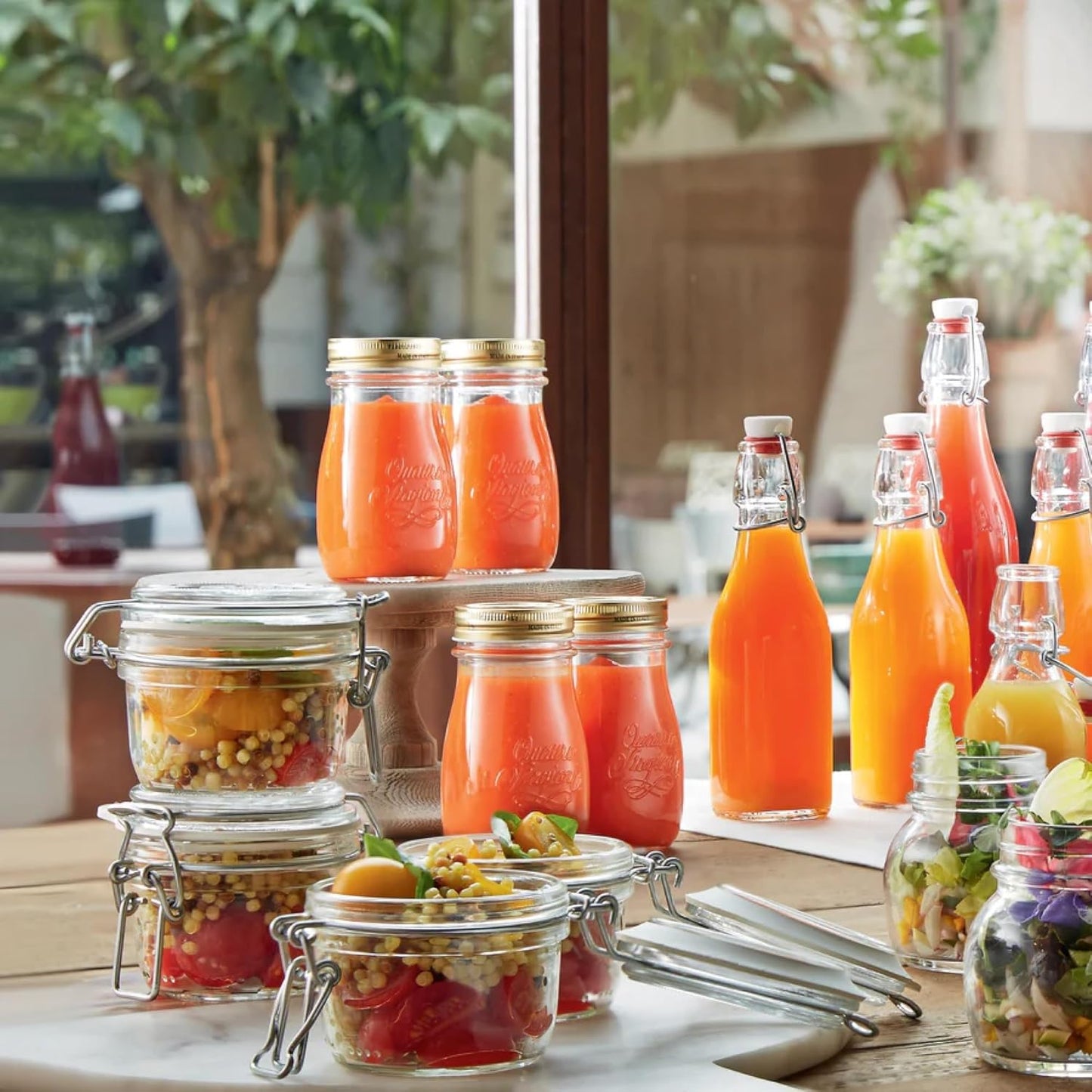 Bormioli Rocco Quattro Stagioni Small Bottles, Set of 6-6.75 Oz. Embossed Reusable Glass Jars with Airtight Lid, For Food Prep, Sauces, Gifts & Crafts - Round Bottle Containers, Made in Italy