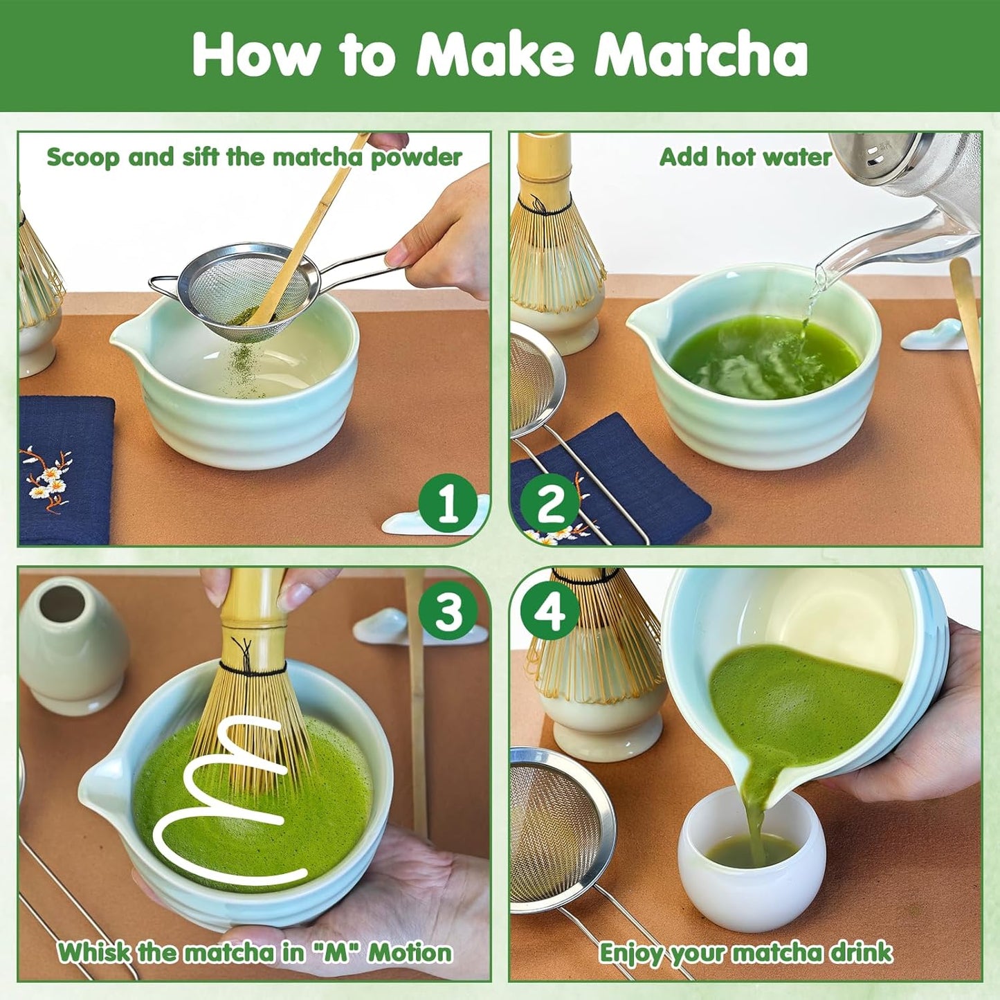 Matcha Whisk Set, 7 Pcs Ceramic Matcha Kit, Matcha Bowl with Spout, Matcha Whisk, Holder, Stainless Sifter, Bamboo Scoop and Tea Towel, Matcha Gift Set for Matcha Tea Lovers