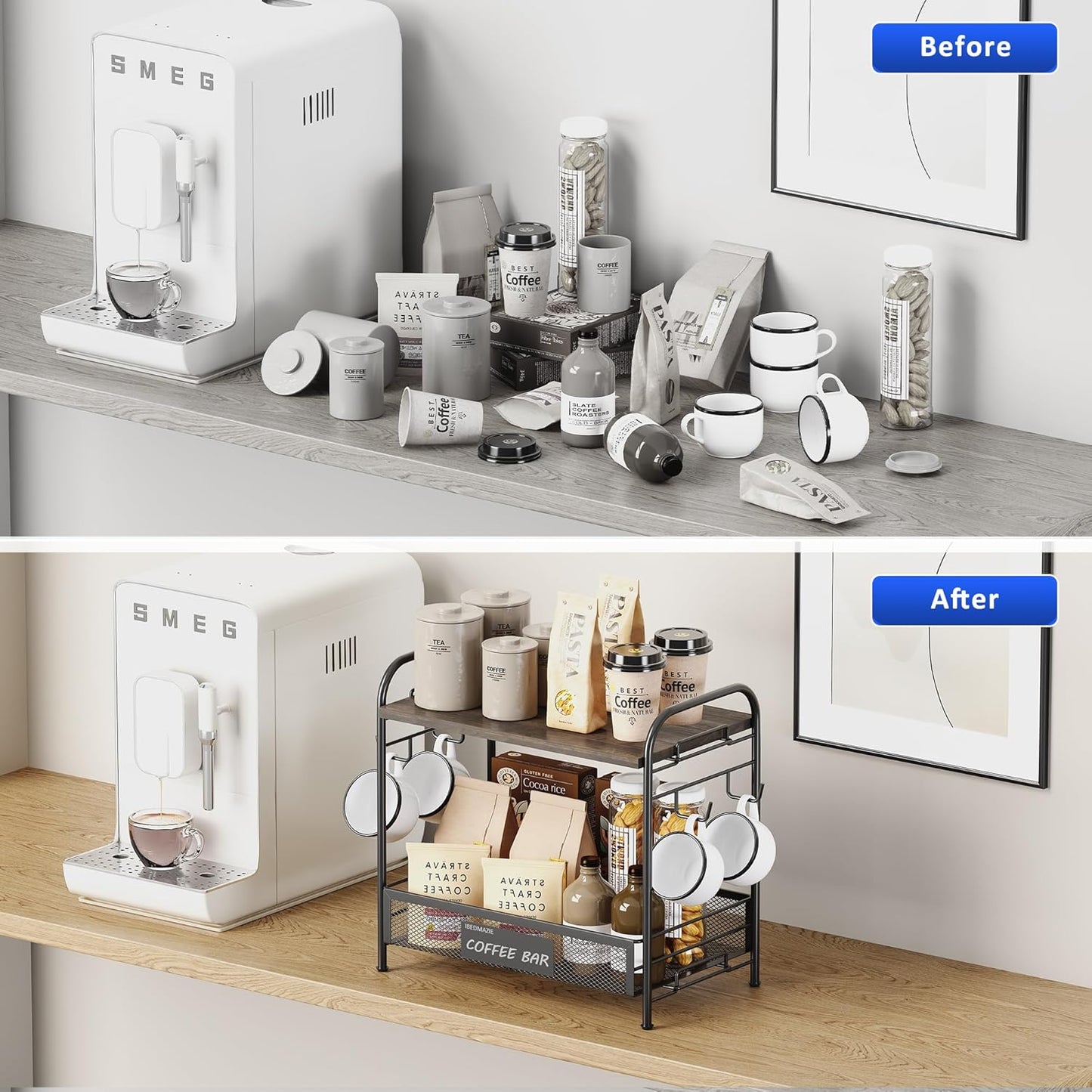 Coffee Bar Organizer for Countertop Station, Simple Assembly 2 Tier Shelf for Home,Office, Coffee Cup Holder Storage Organization for Counter Accessory Storage Rack with 4 Hooks Space-Saving