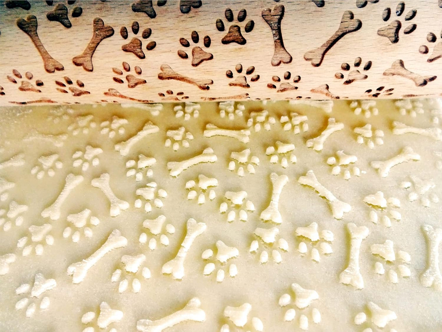 PAW and BONE EMBOSSING ROLLING PIN LASER ENGRAVED PATTERN with PAWS and BONES for EMBOSSED COOKIES or PASTA