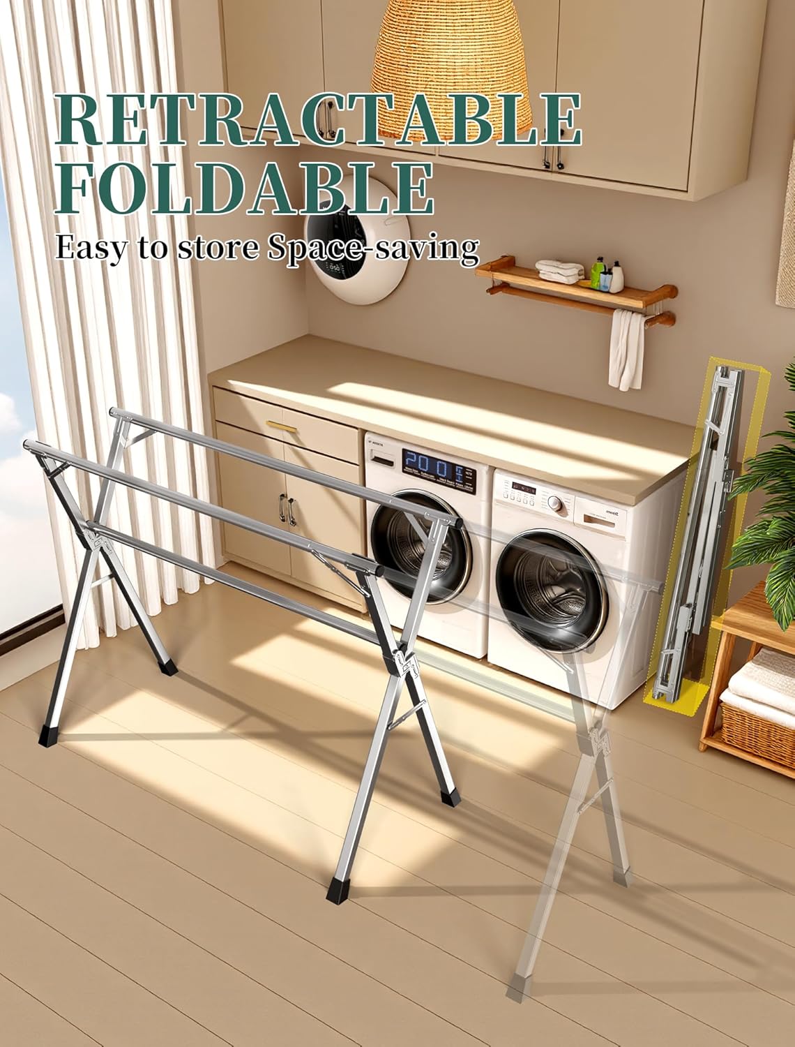 79 Inches Heavy - Duty Stainless Steel Folding Clothes Drying Rack Indoor Outdoor Anti-Rust 20 Windproof Hooks Portable & Foldable Laundry Rack (79'')