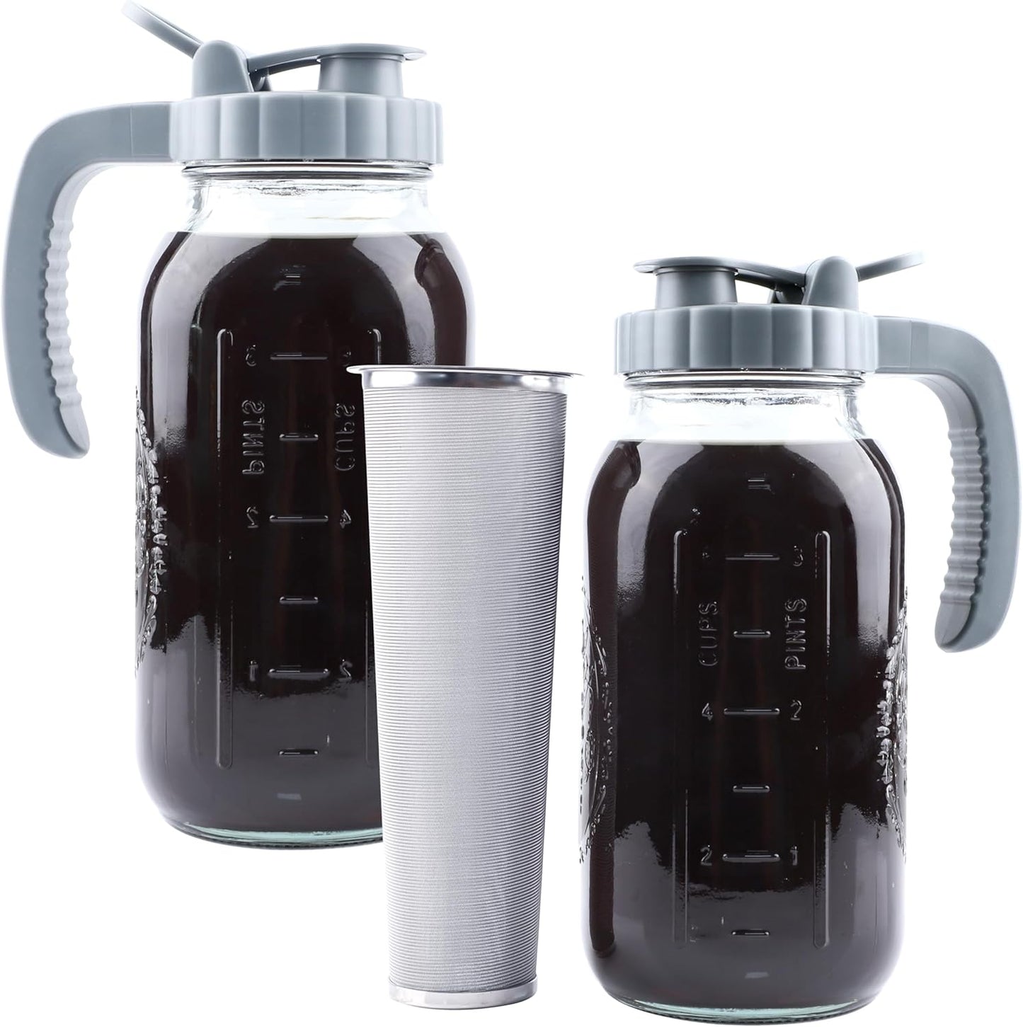 Cold Brew Coffee Maker 64 OZ 2 Pack Mason Jar Cold Brew Pitcher With Infuser 2 Quart Wide Mouth Iced Coffee Maker With Pour Spout Lid And Handle Half Gallon Airtight & Leakproof Pitcher For Fridge