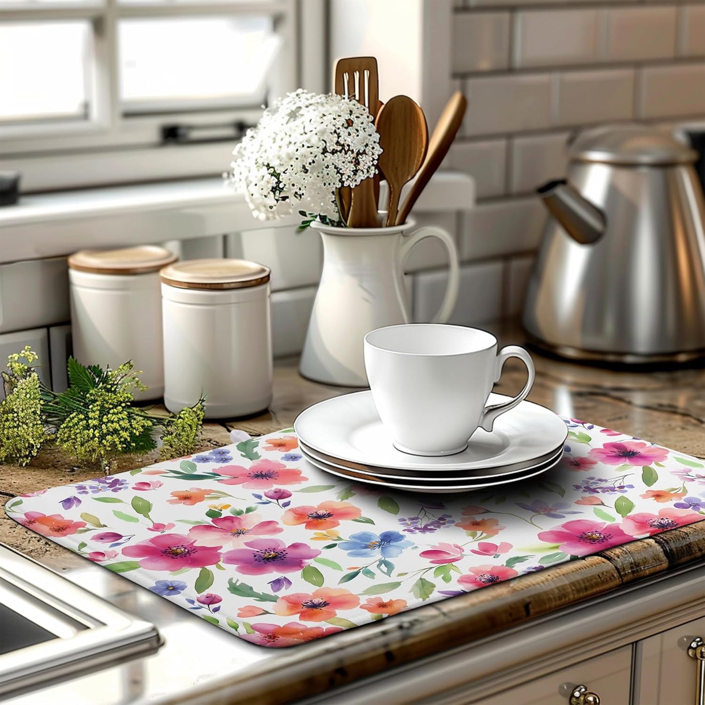 Spring Floral Dish Drying Mat Flowers Summer Kitchen Mat Dish Drying Pad Absorbent Dish Dryer Mat for Kitchen Countertops Microfiber Dishes Drainer Pad Dish Drying Rack Mat (18x24 in)