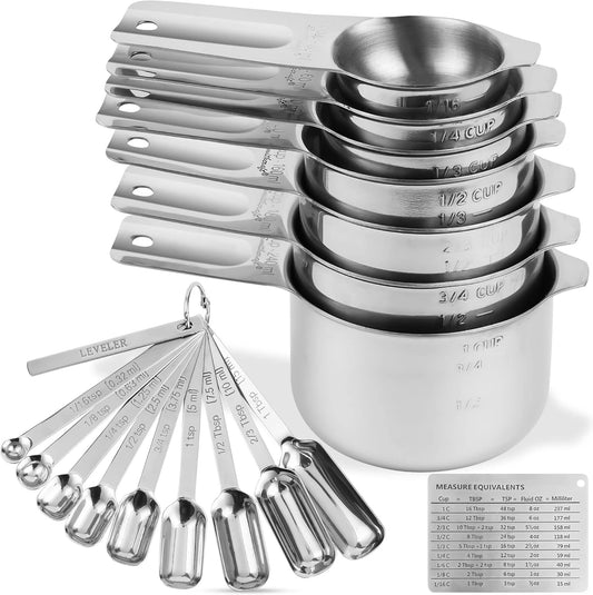 Smithcraft Measuring Cups and Spoons Set, Stainless Steel Measuring Cups Set, Dry 7 Measurer Cups 9 Measurement Spoons with Leveler & Measure Enquivalents for Kitchen & Baking Nesting Measuring Tools