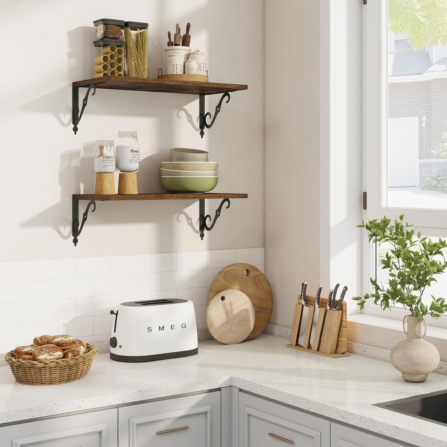 RICHFOCUS 12 Inch Deep Floating Shelves for Wall, 24" W x 12" D Wood Wall Shelves Set of 2, Wide Floating Shelves for Living Room, Bedroom, Kitchen, Bathroom and Decor Storage, Rustic Brown