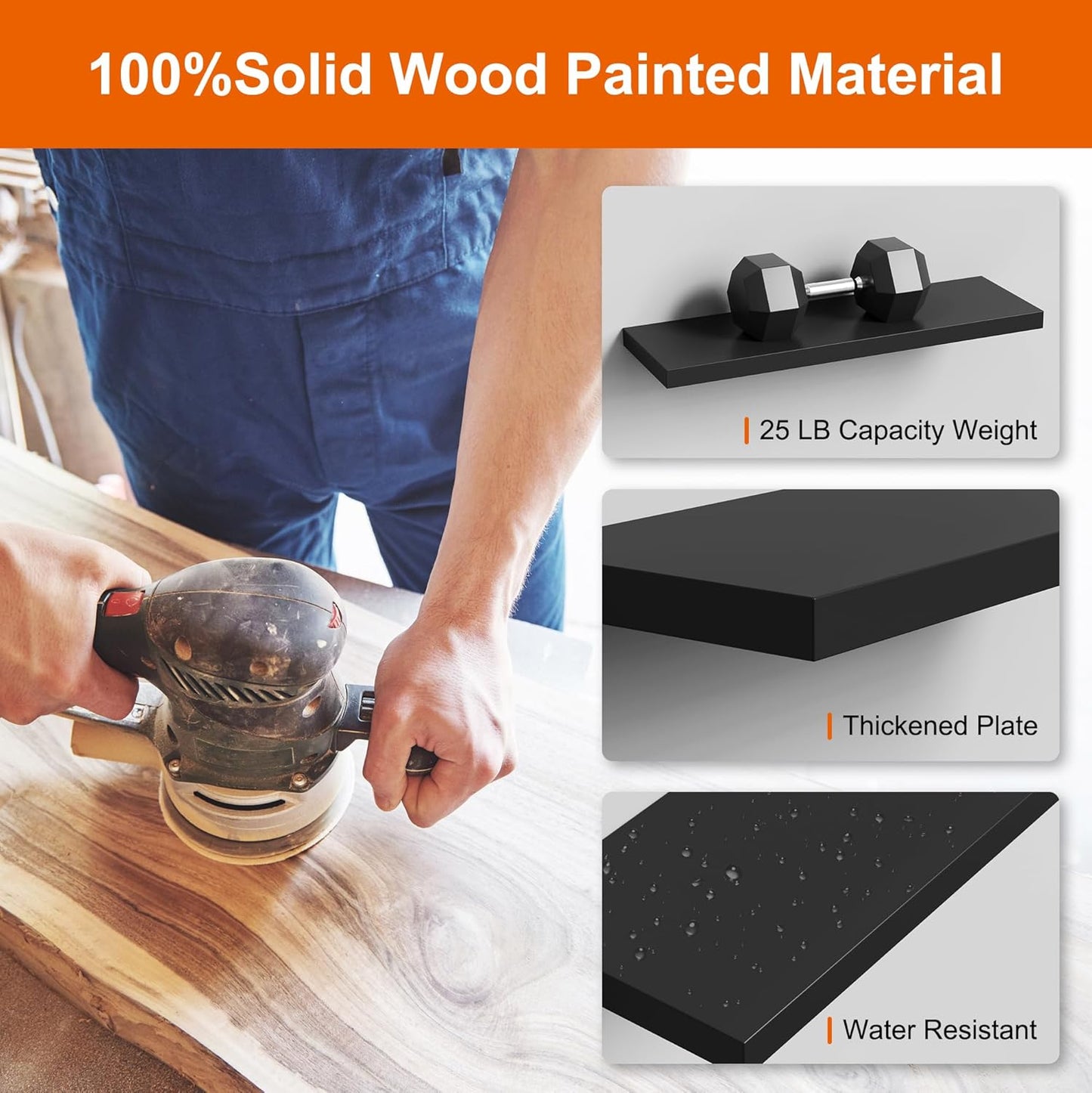 Floating Shelves - Black Wood Wall Shelf Set of 3, 24" Wall Mounted, Kitchen, Living Room, Bedroom, Bathroom Storage, Book Shelf, Frame Display