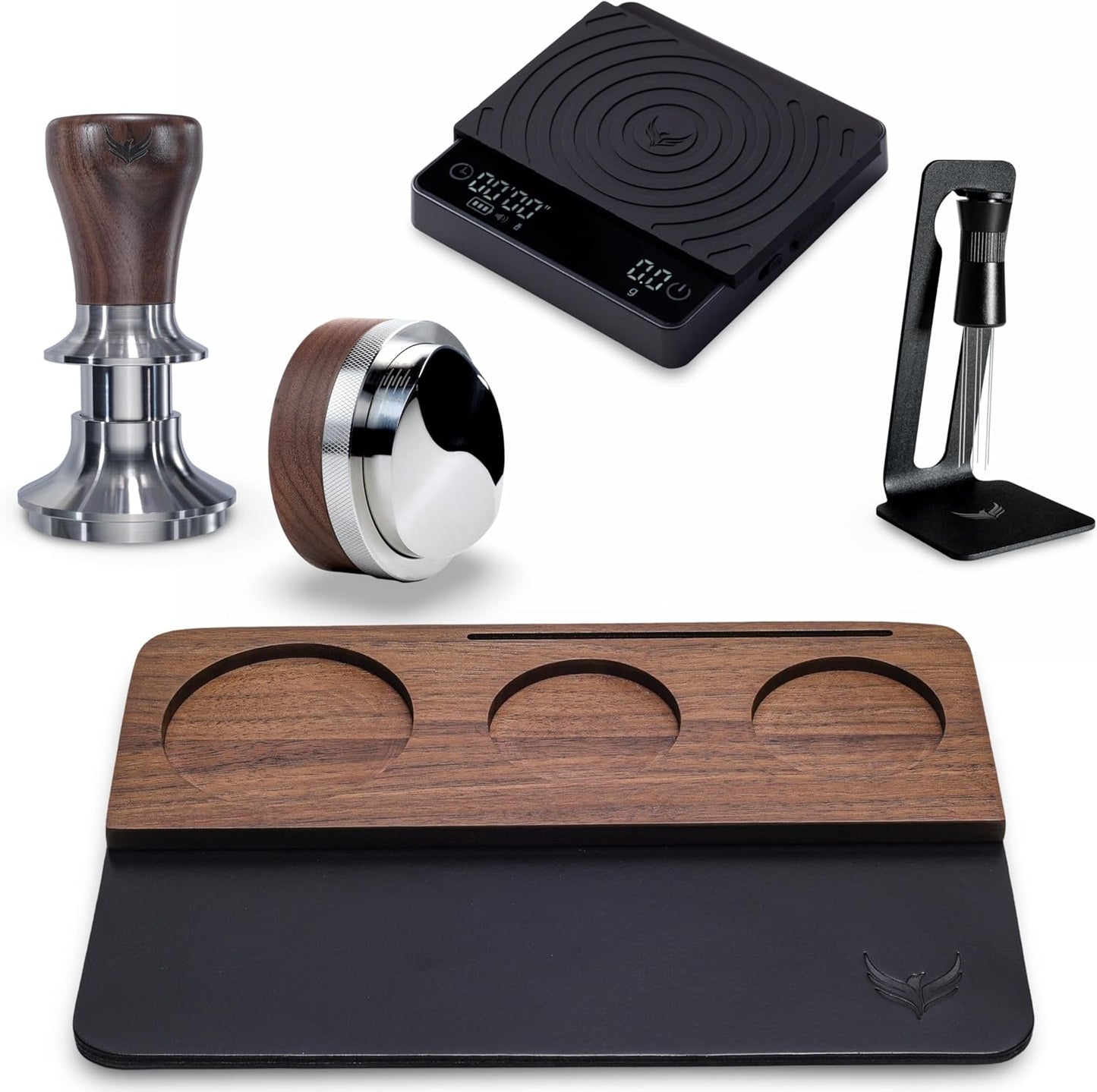 58mm Espresso Puck Prep Kit – Spring Loaded Tamper, Leather Espresso Organizer Mat, Adjustable Distribution Tool, Smart Digital Scale & WDT Prep Device Compatible with Rancilio, Lelit, ECM