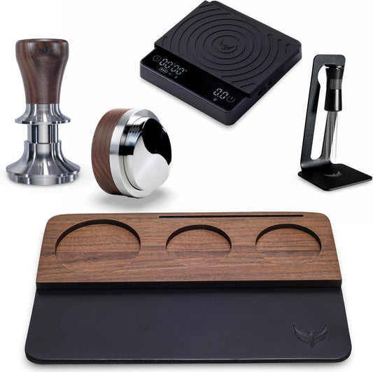 58mm Espresso Puck Prep Kit – Spring Loaded Tamper, Leather Espresso Organizer Mat, Adjustable Distribution Tool, Smart Digital Scale & WDT Prep Device Compatible with Rancilio, Lelit, ECM
