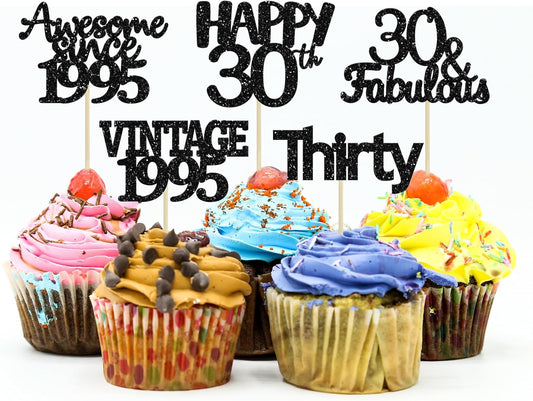 Gyufise 30Pcs Black Glitter Vintage 1995 Cupcake Toppers Awesome Since 1995 Cake Decorations Cheers to 30 Fabulous Thirty Cupcake Picks 30th Birthday Wedding Anniversary Party Cake Decorations