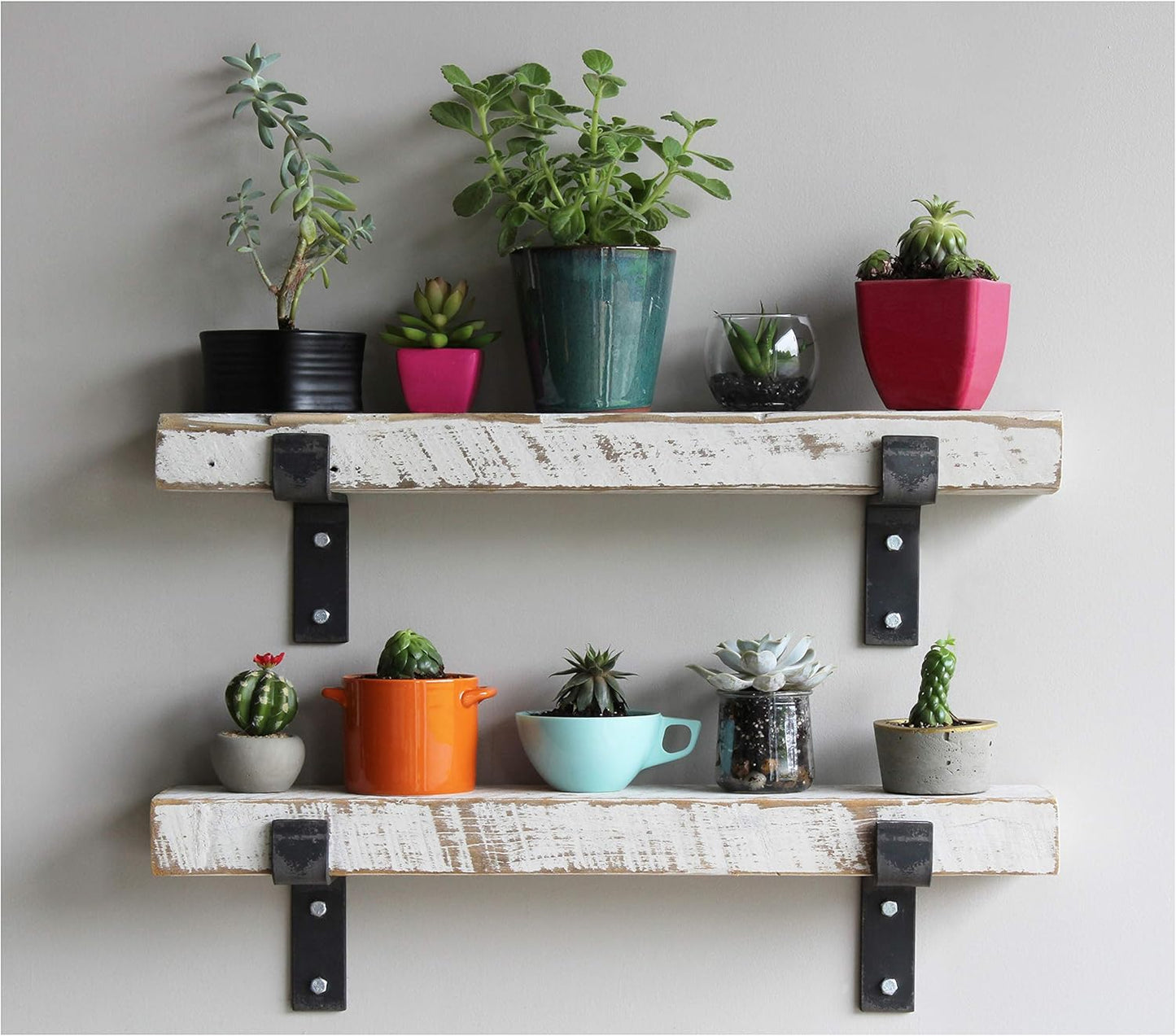 Urban Legacy Accent Shelves | Reclaimed Barn Plank | Set of 2 with Full Brackets (White Wash 24"x 4.5"x 2")