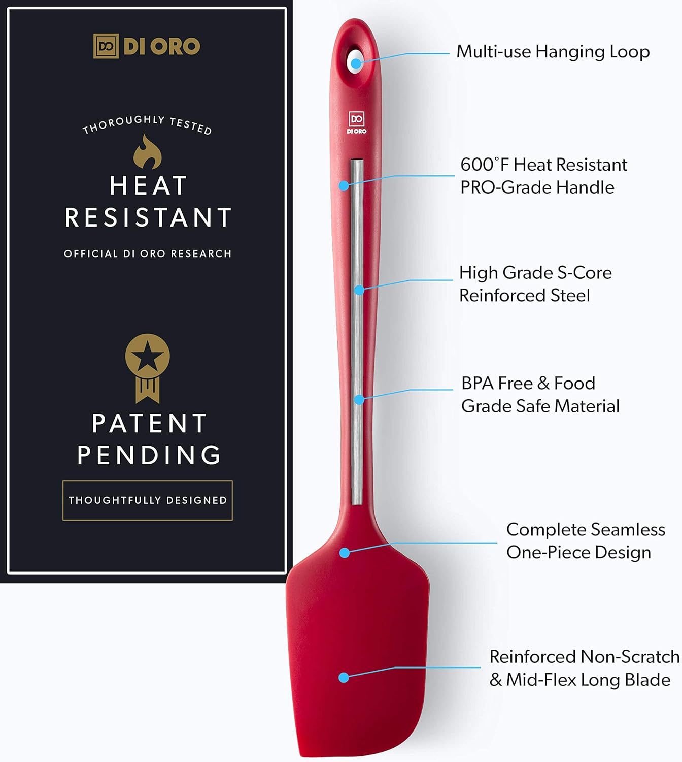 DI ORO Seamless Series Pro 14 Inch Extra Large Silicone Spatula - 600°F Heat-Resistant Rubber Spatula - Great for Baking, Cooking, and Scraping - BPA Free and LFGB Certified Food Safe Silicone (Red)