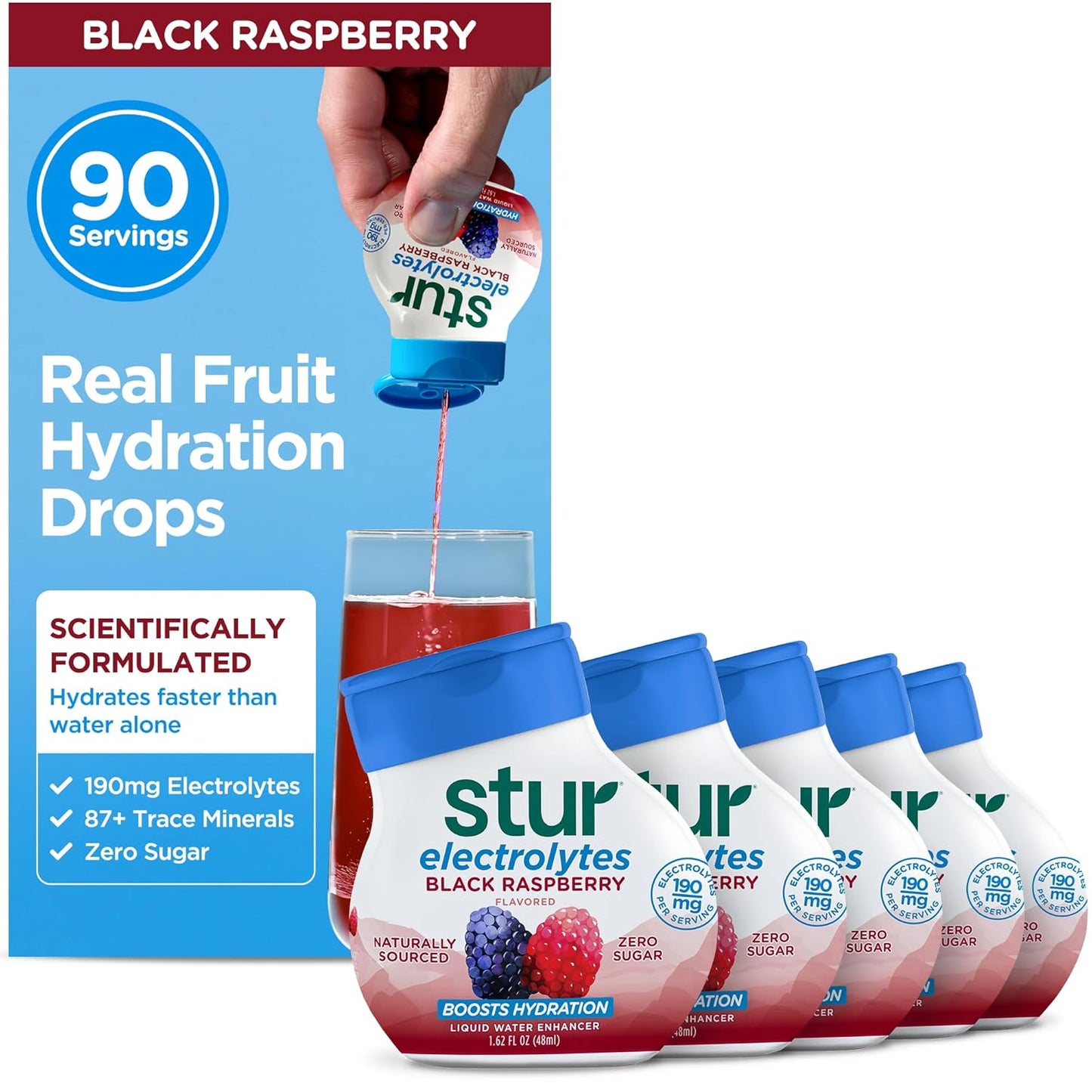 Stur Electrolyte Water Enhancer | Sweetened with Stevia | High in Vitamin C & Antioxidants | Sugar Free | Zero Calories | Keto | Vegan | 5 Bottles, Makes 90 Drinks (Black Raspberry)