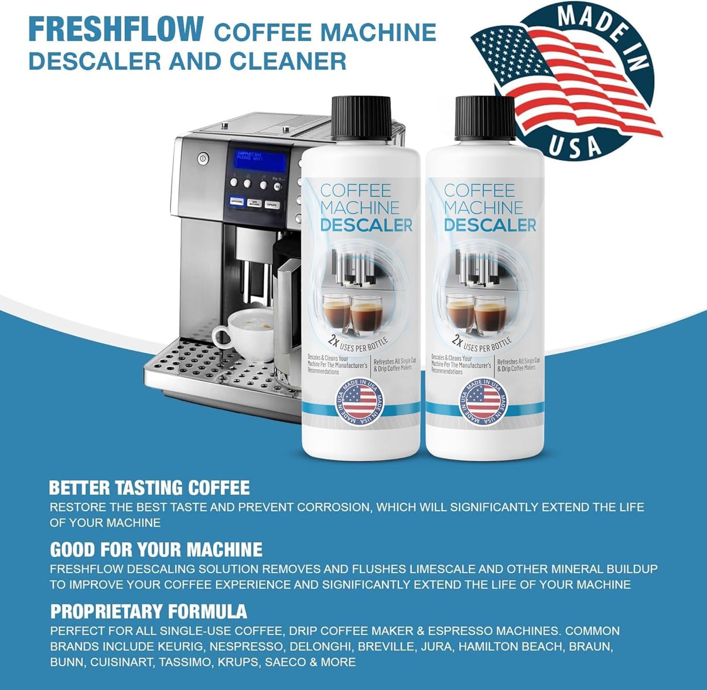 Descaling Solution for Coffee & Espresso Machines - 2 Bottle Pack (4 Uses) - Universally Compatible Descaler Cleaner for Keurig, Breville, Nespresso, Delonghi & All Single Use or Drip Machines