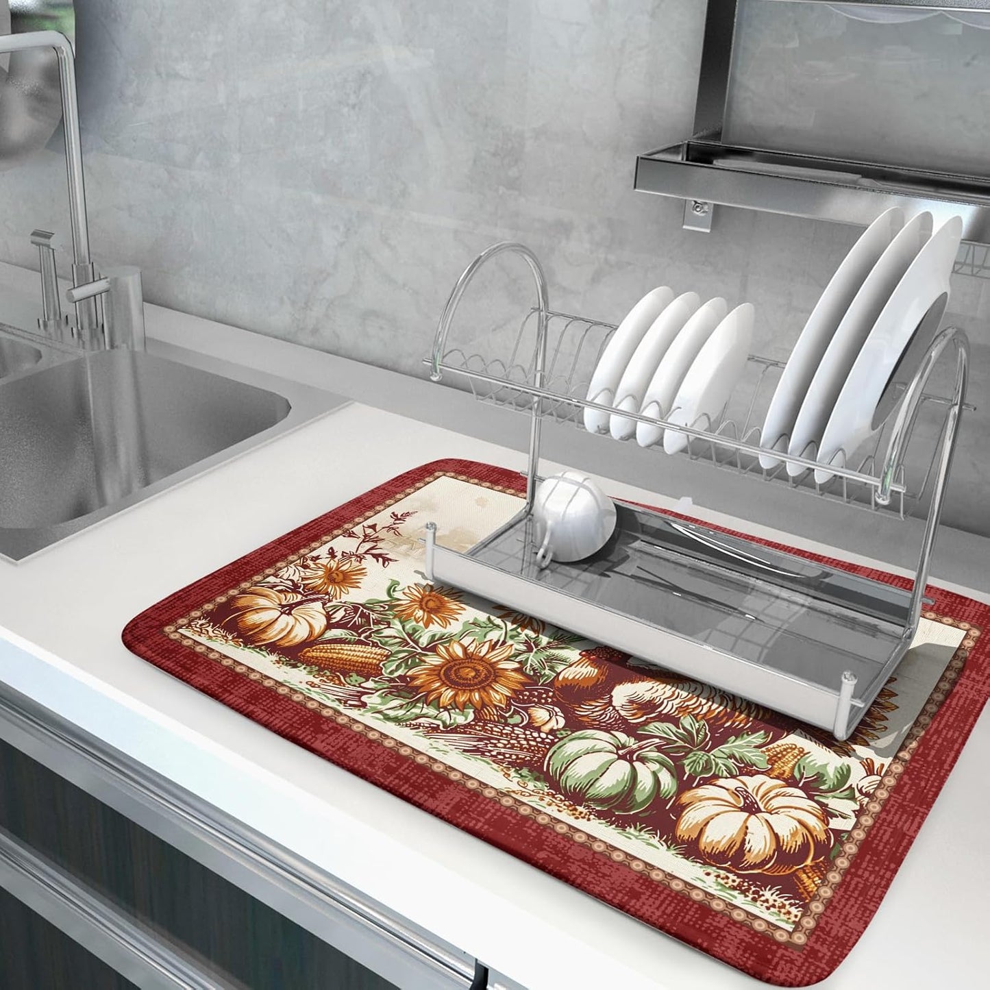 Rustic Turkey Dish Drying Mat for Kitchen Countertop 18x24 inch Fall Thanksgiving Pumpkin Sunflowers Harvest Dish Drainer Mats Fast Drying Farmhouse Country Style Dish Drying Pad Holiday Decor Large