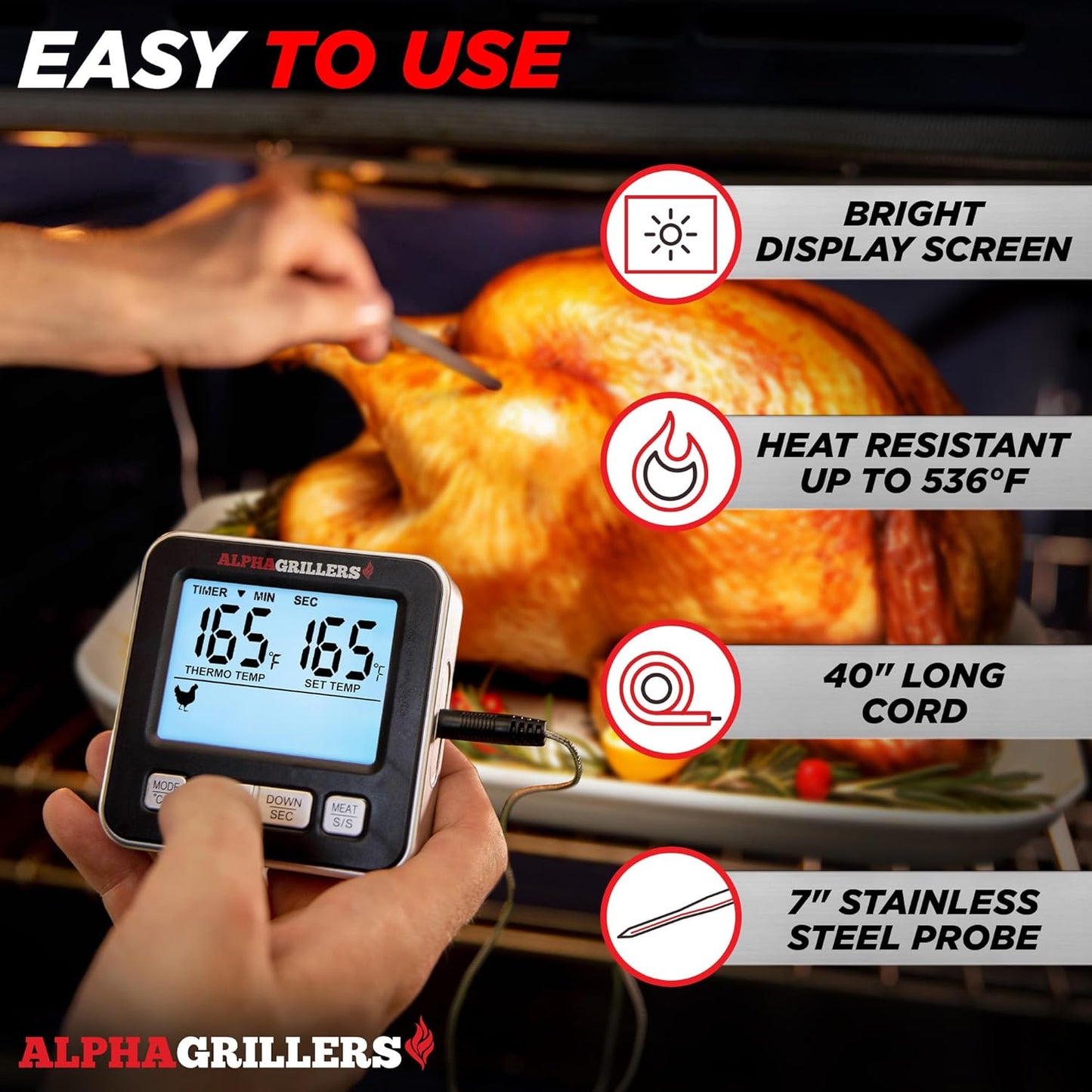Alpha Grillers Meat Thermometer Digital for Oven - Large Display Oven Thermometer for Cooking - Leave-in BBQ Grilling Probe with 7 Presets, Timer, Alarm - Gifts for Men Him Boyfriend Husband