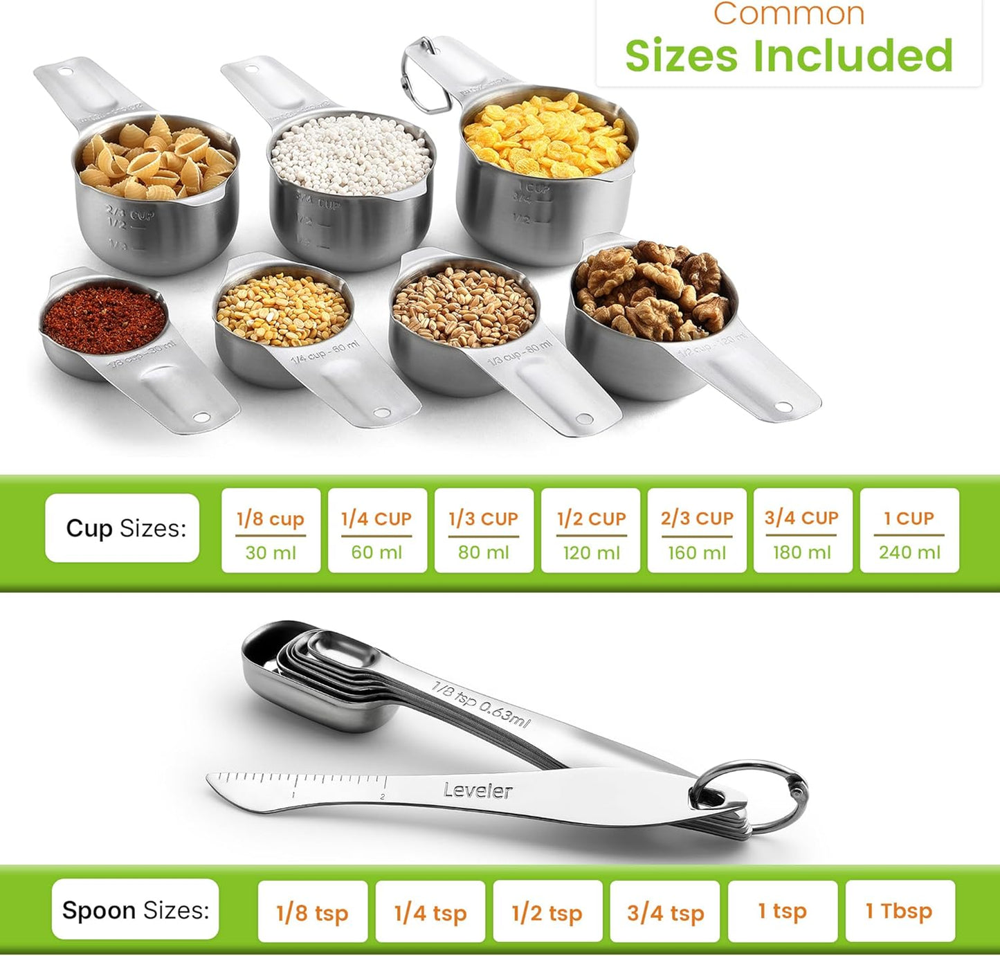 Spring Chef Stainless Steel Measuring Cups and Spoons Set of 14 with Leveler, Nesting Kitchen Metal Measuring Cups and Spoons Set for Dry and Liquid Ingredients, Perfect for Cooking & Baking