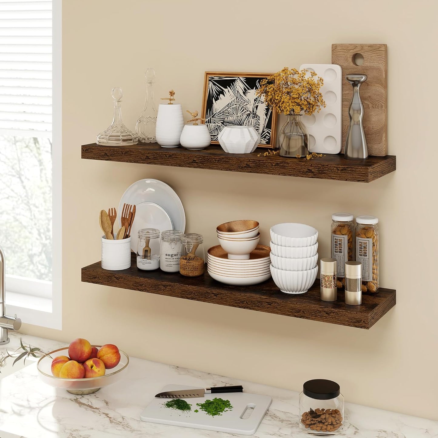 36 Inch Floating Shelves, 9.3" Deep Floating Shelf Wall Mounted, 36" Wall Shelves, Rustic Deep Bookshelf, Large Display Shelves & Storage Shelves for Bedroom, Living Room, Brown, Set of 2