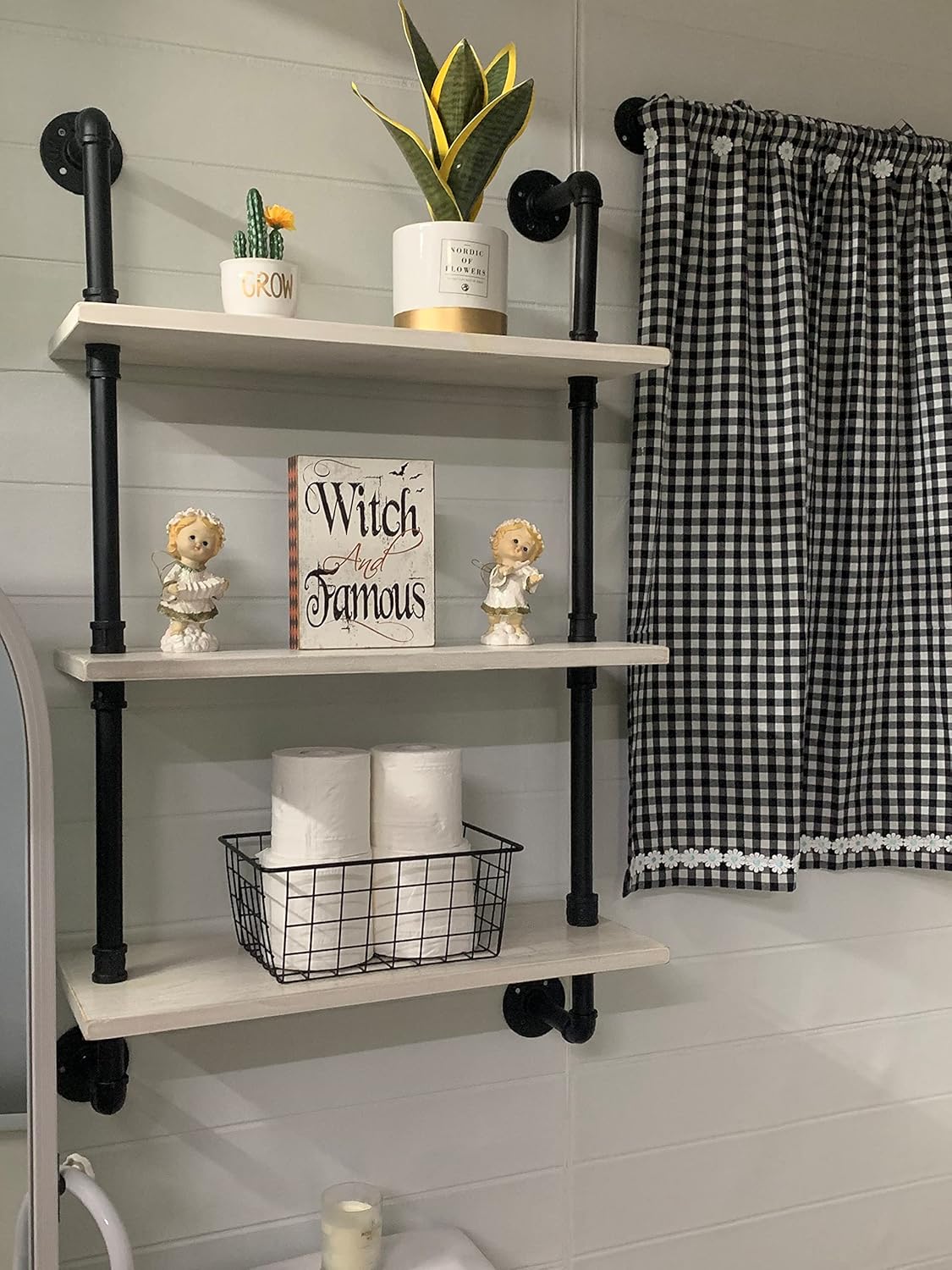 White Floating Shelves 24 inch Pipe Wall Shelves Bathroom Shelves Over Toilet with Wood Planks Industrial Pipe Floating Shelves Farmhouse Bathroom Pipe Shelves Wall Mounted