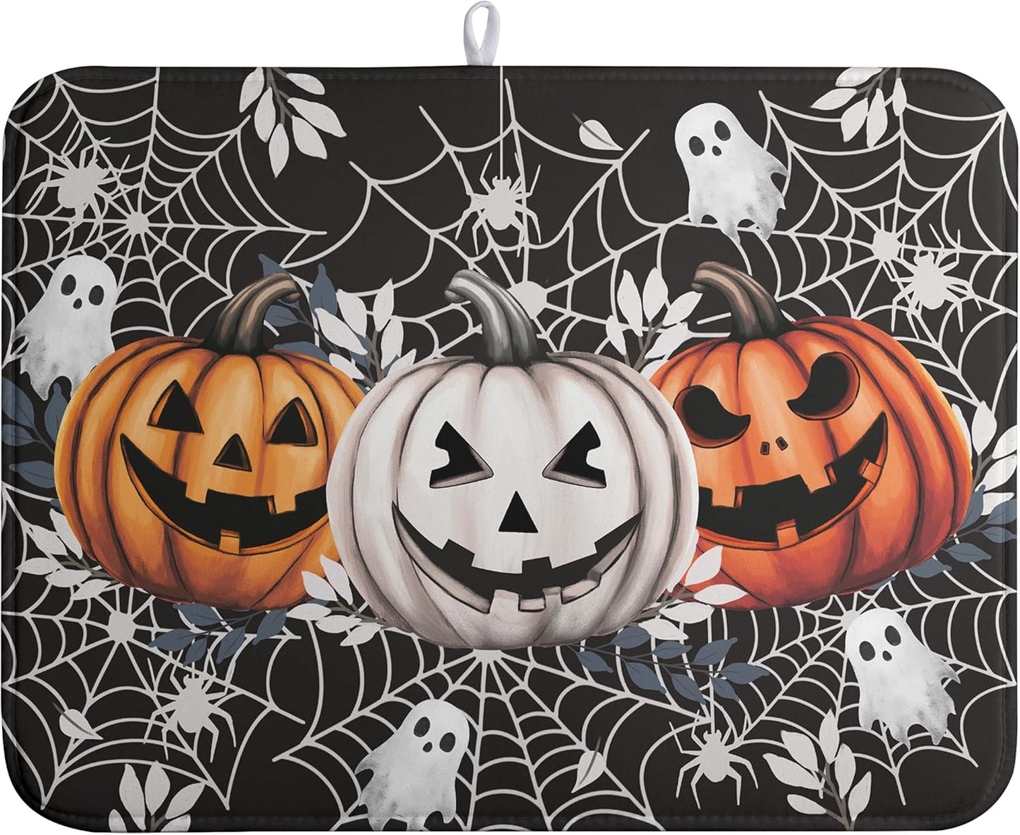 Halloween Pumpkin Dish Drying Mats Spooky Ghost Dish Mat Kitchen Spiders Large Drying Matt Dishes Dryer Pad for Kitchen Counter Absorbent Microfiber Washable Foldable Reusable 18x24 in